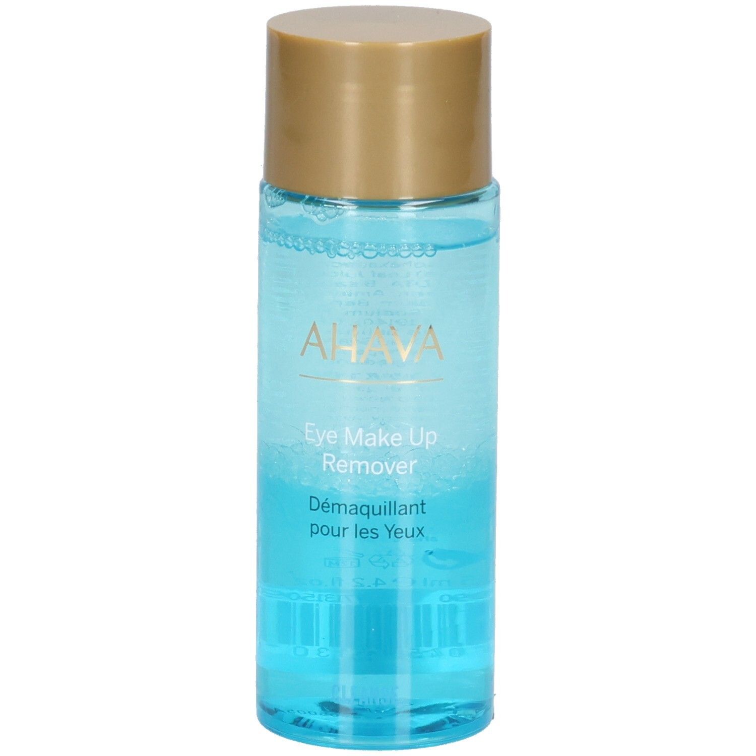 Ahava Eye Make-Up Remover. Transparante fles met blauwe vloeistof en gouden dop. Productlabels zichtbaar.