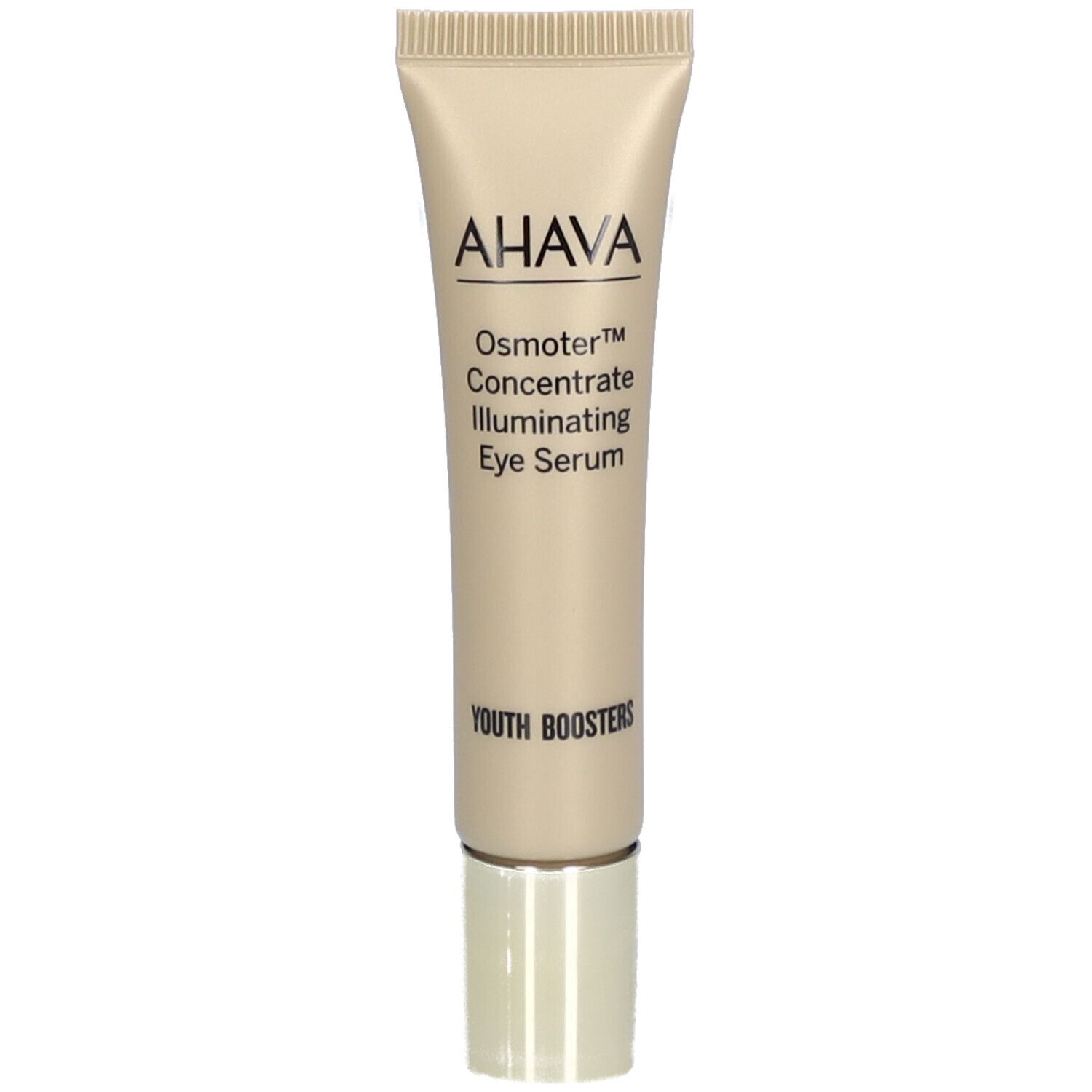 Tube beige avec logo AHAVA et nom du produit. Contient Osmoter Concentrate Illuminating Eye Serum.
