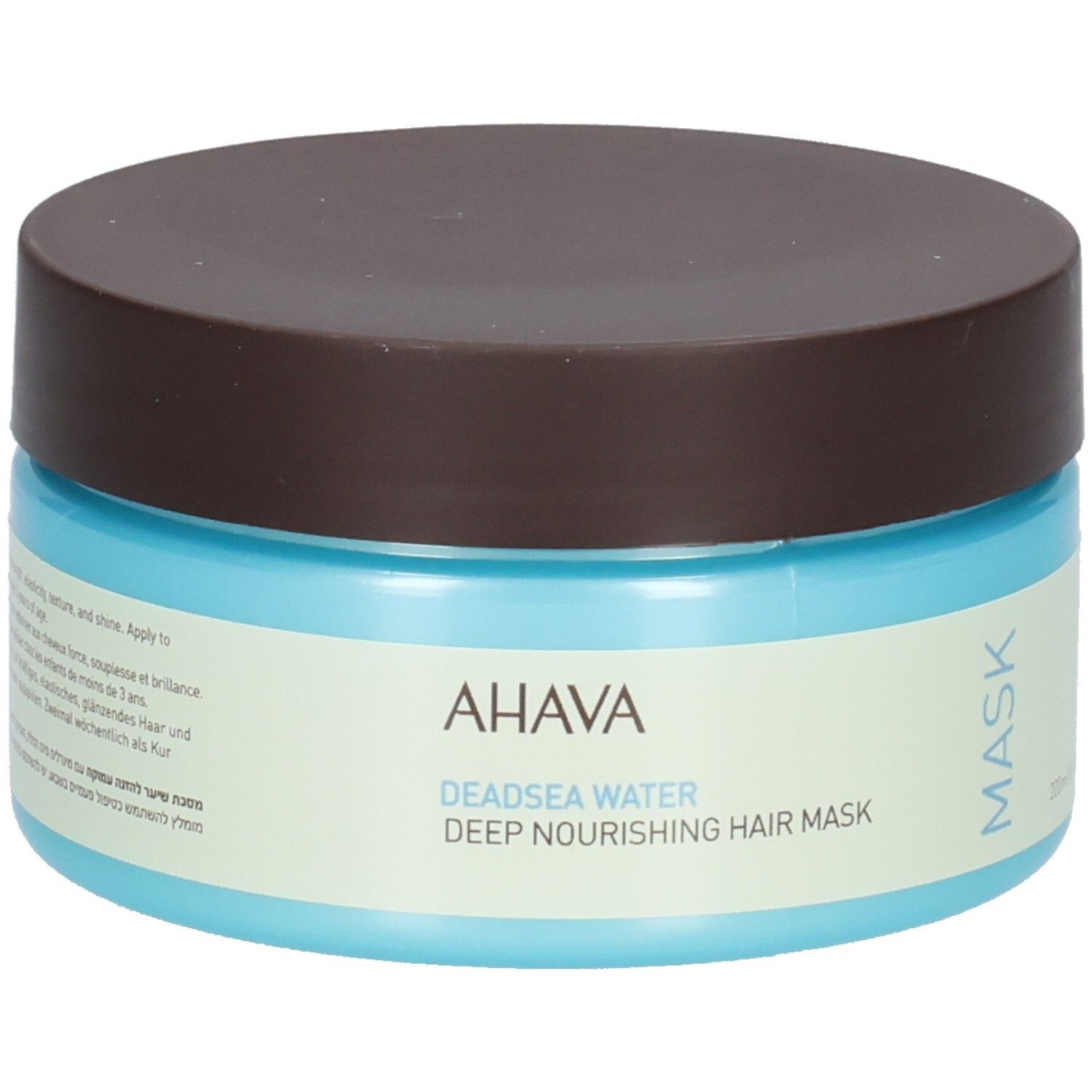 Blauwe en bruine pot met deksel. AHAVA-logo en productnaam. Tekst op etiket. Haarmasker.