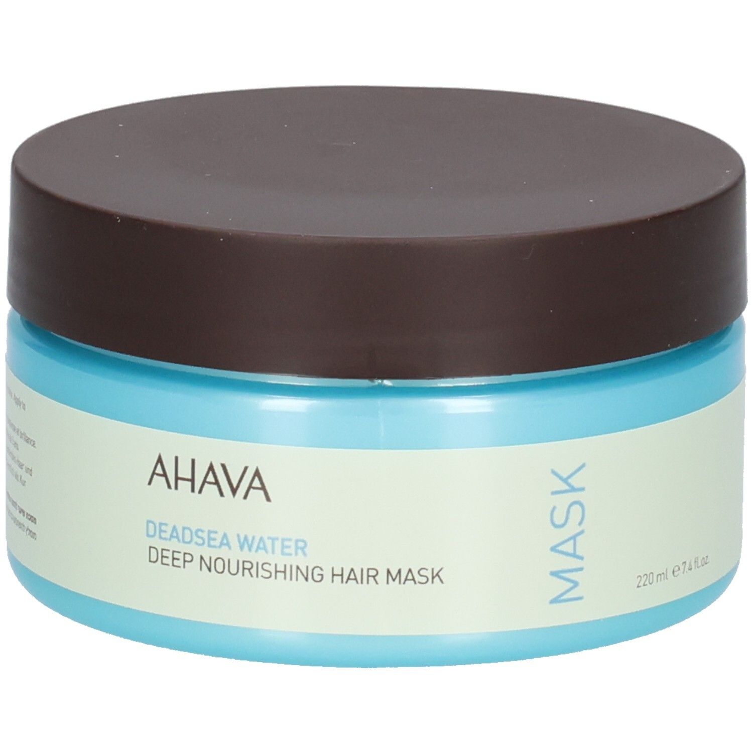 Blauwe en bruine pot met deksel. AHAVA-logo en productnaam. Haarmasker.