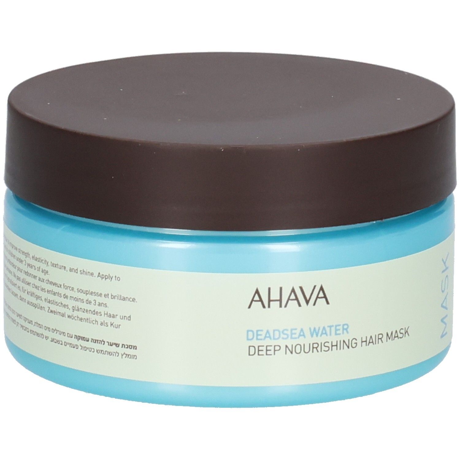 Blauwe en bruine pot met deksel. AHAVA-logo en productnaam. Haarmasker.