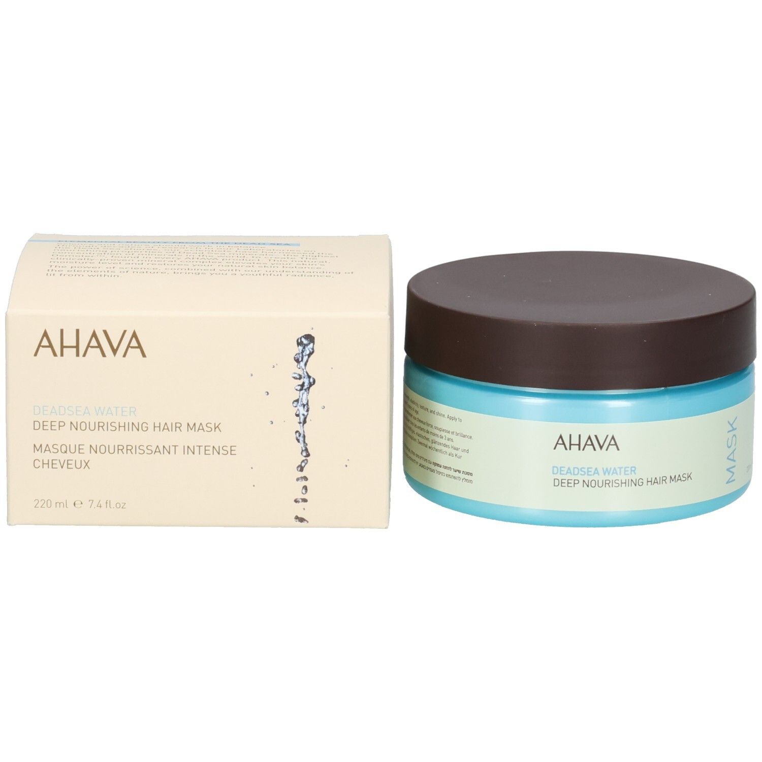 Pot en doos. AHAVA-logo en productnaam. Haarmasker. Doos met productinformatie.