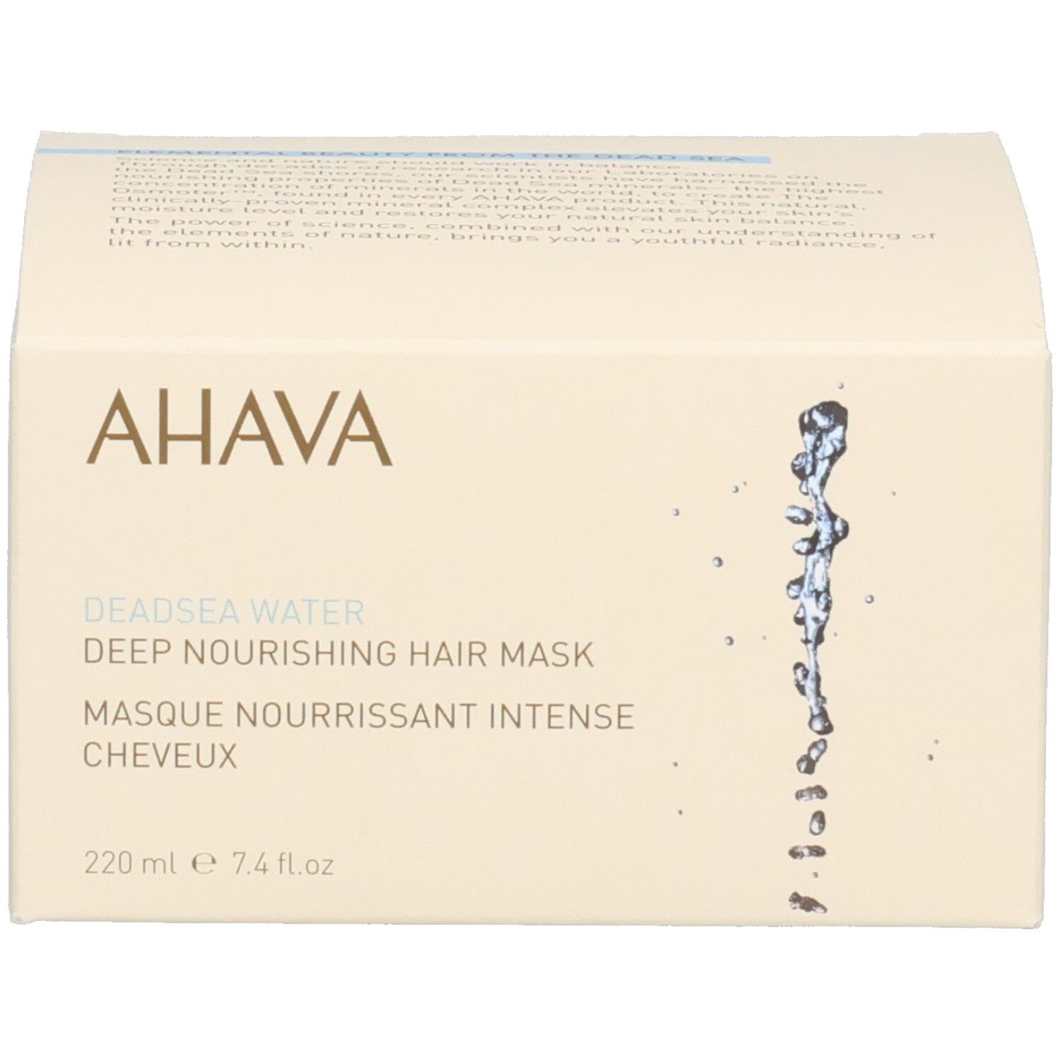 Doos. AHAVA-logo en productnaam. Haarmasker. Productinformatie.
