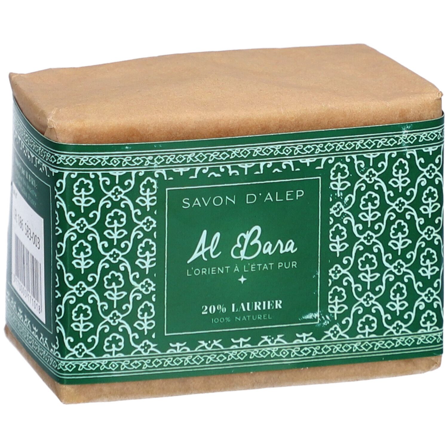 Zeep verpakt in papier. Groene band met bloemmotieven en tekst: Savon d'Alep, Al Bara, 20% Laurier.