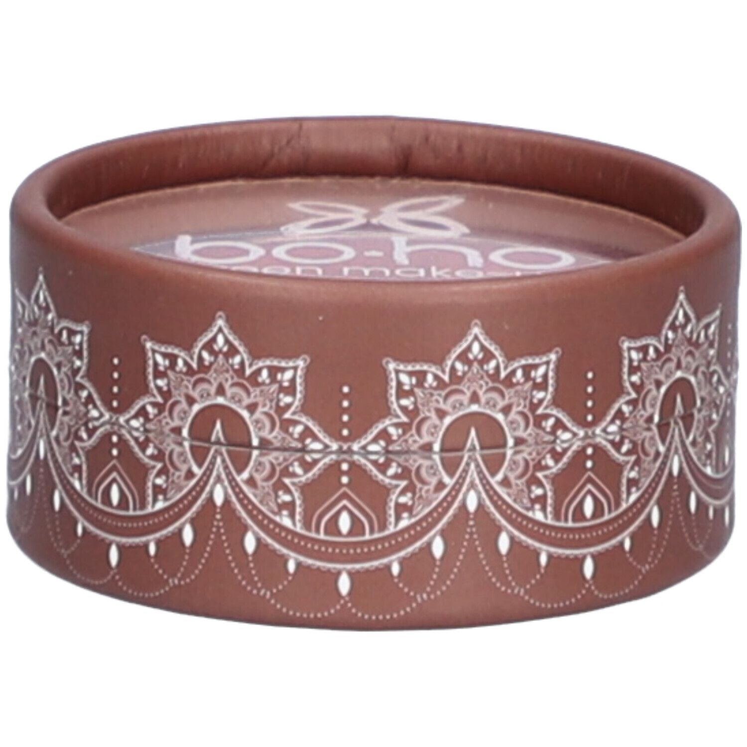 Emballage rond marron avec motif blanc. Le nom de la marque "bo-ho green make-up" est visible en haut.