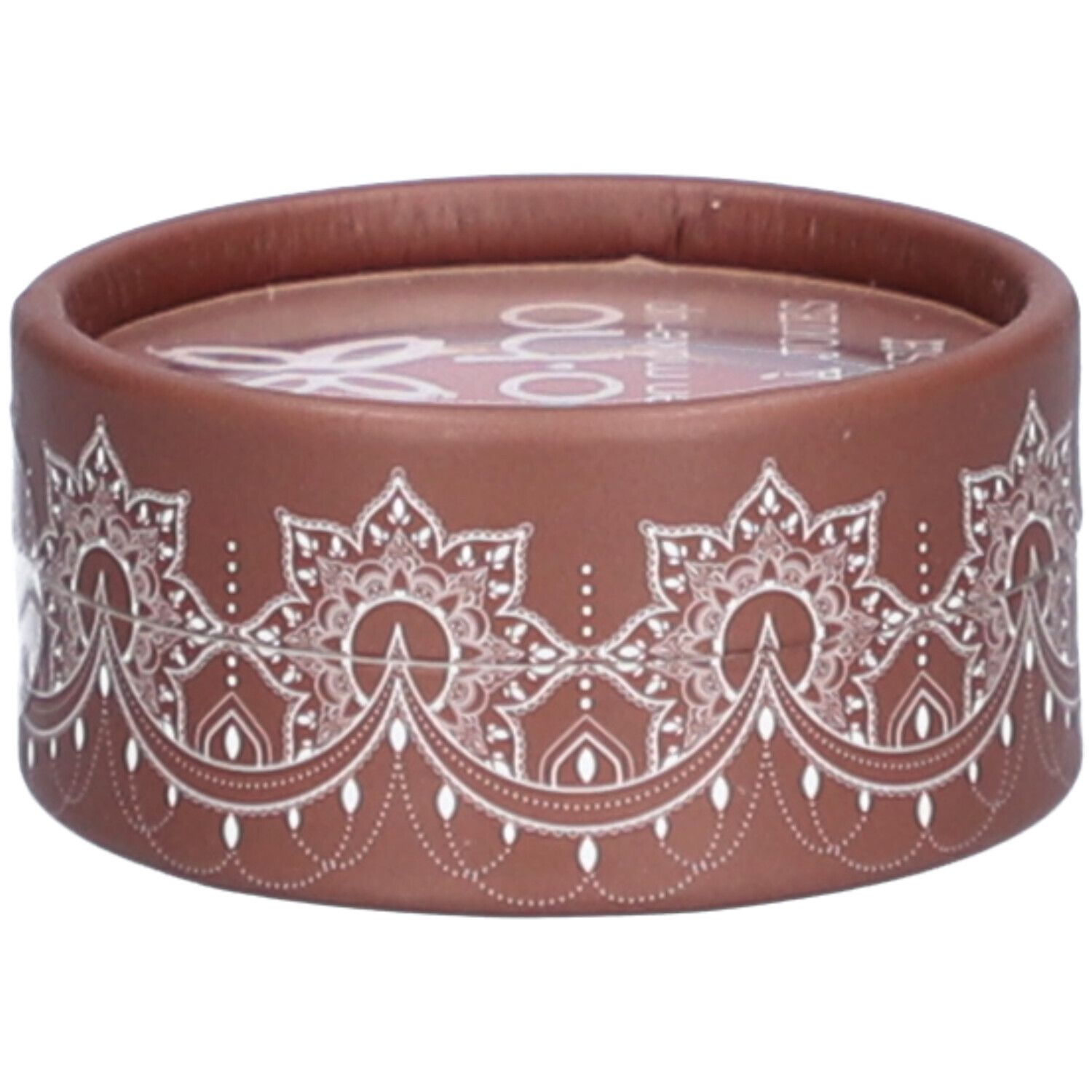 Emballage rond marron avec motif blanc. Le nom de la marque "bo-ho green make-up" est visible en haut.