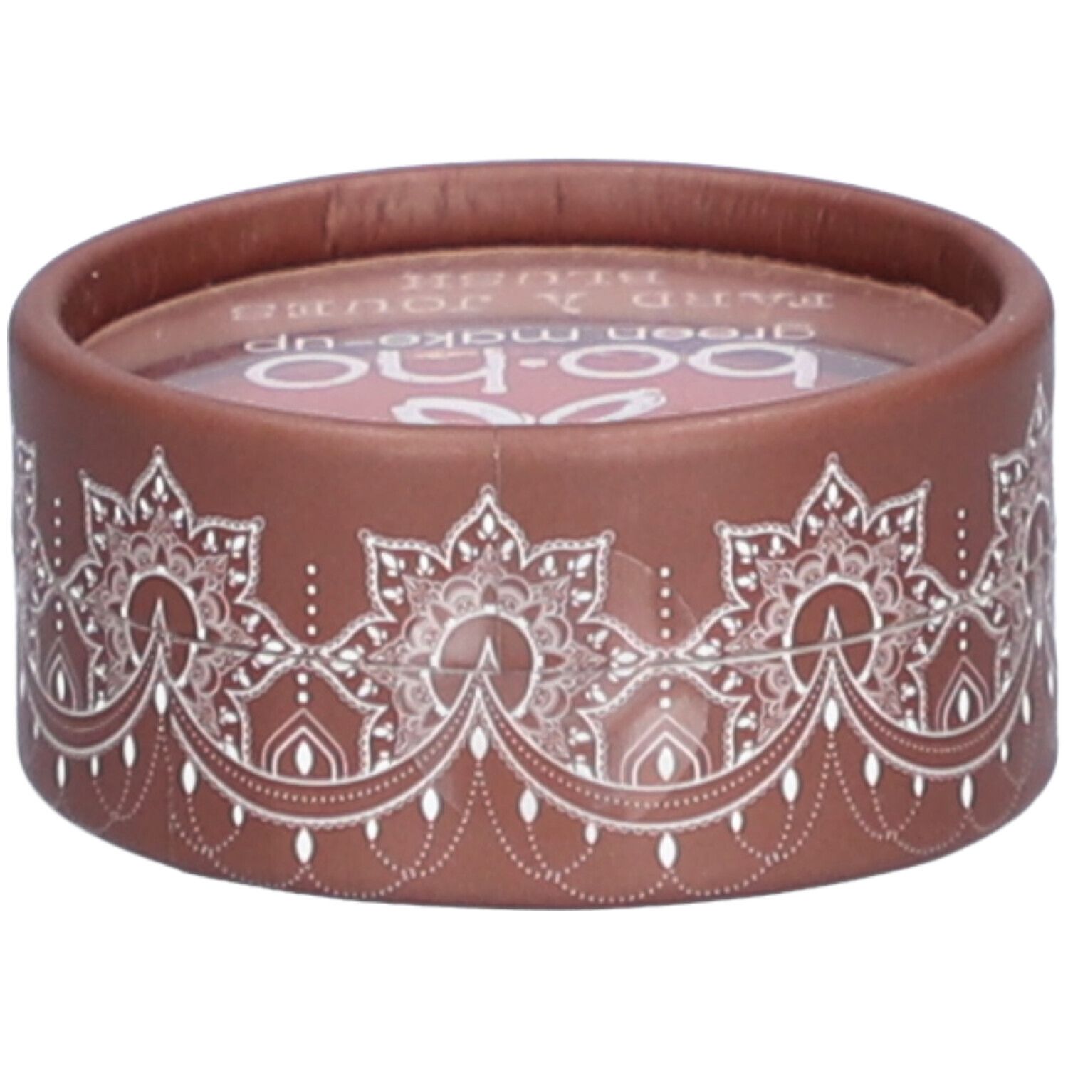 Emballage rond marron avec motif blanc. Le nom de la marque "bo-ho green make-up" est visible en haut.