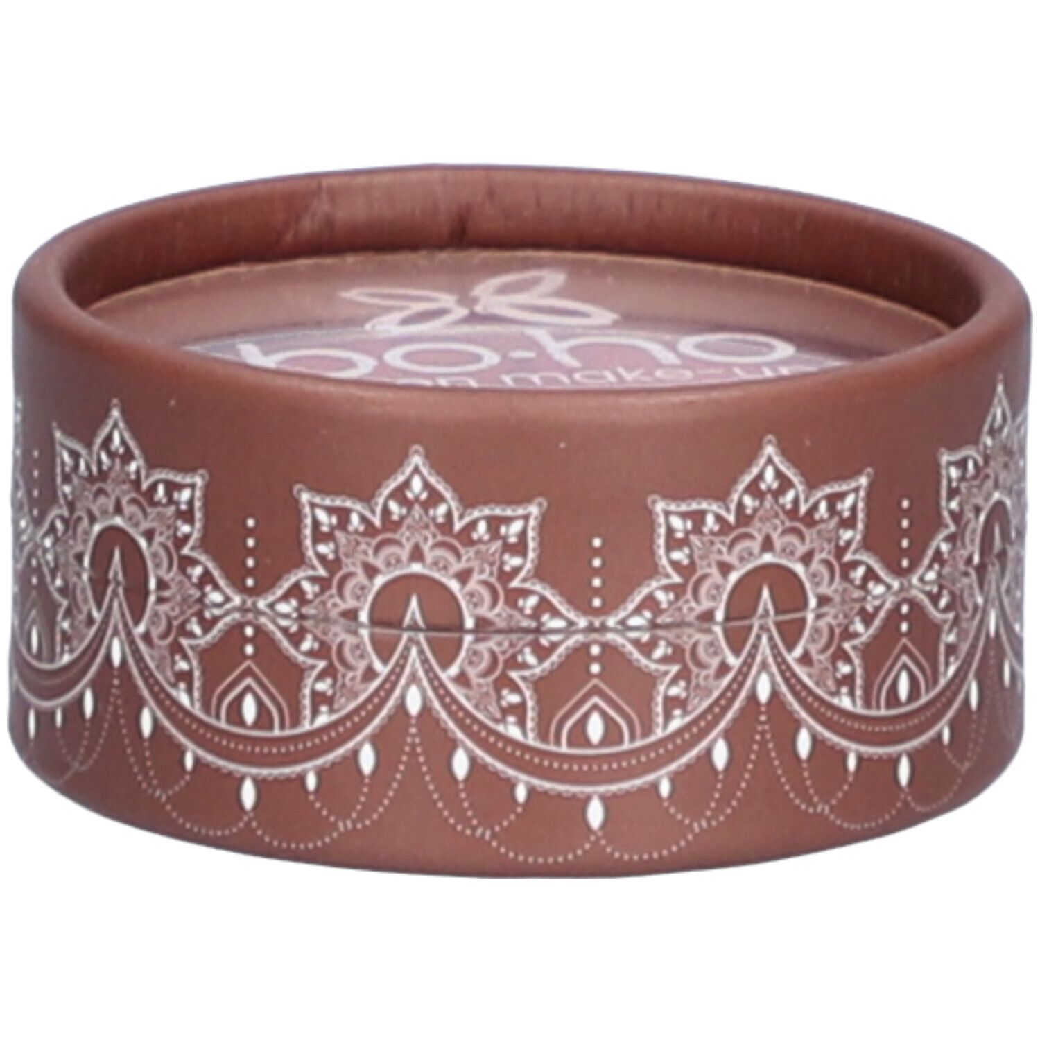 Emballage rond marron avec motif blanc. Le nom de la marque "bo-ho green make-up" est visible en haut.