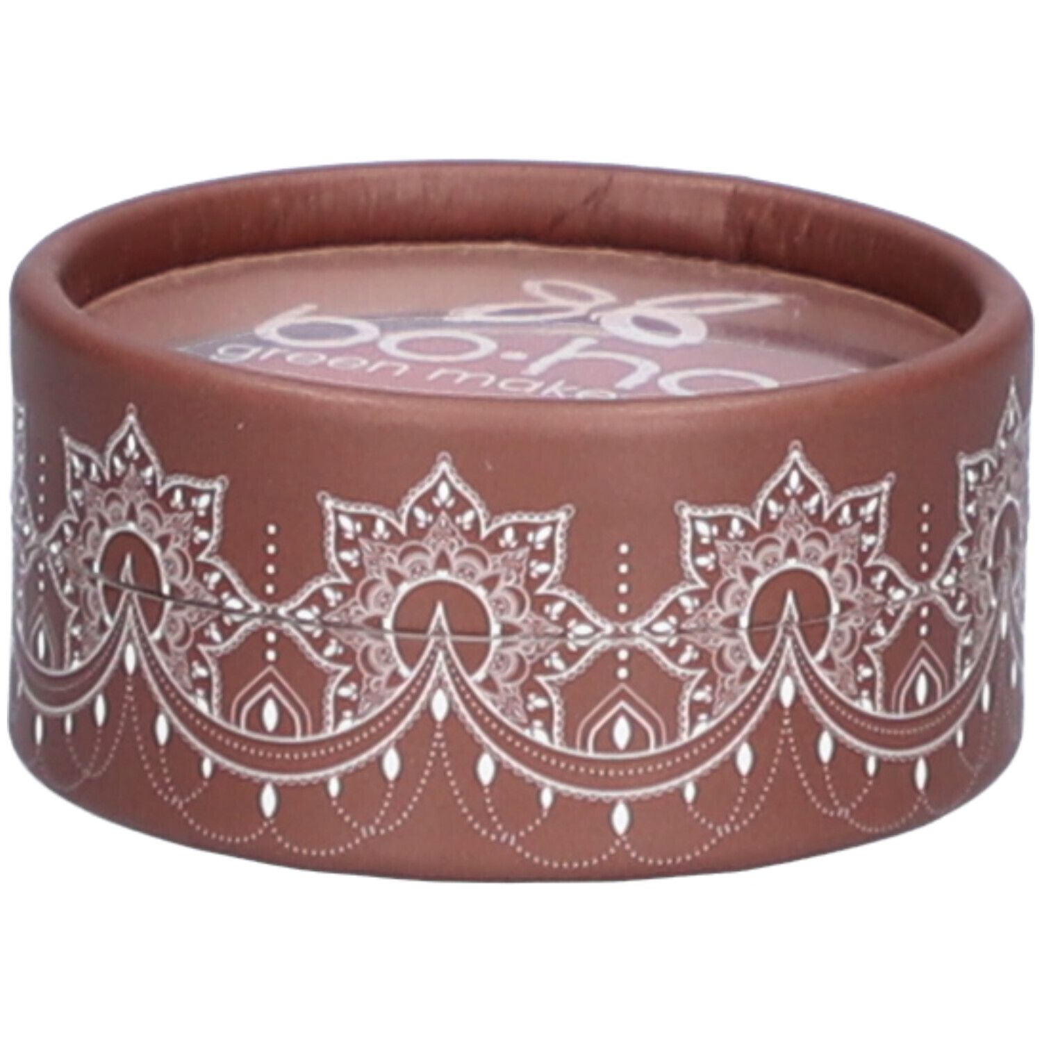 Emballage rond marron avec motif blanc. Le nom de la marque "bo-ho green make-up" est visible en haut.