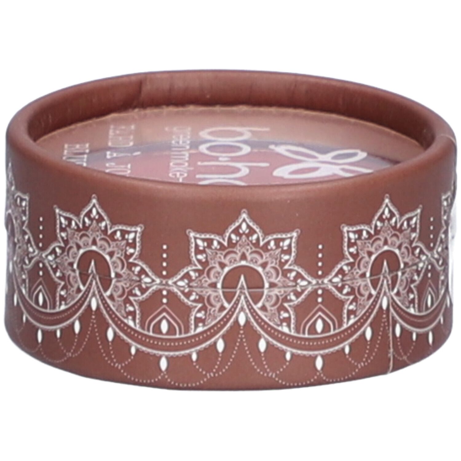Emballage rond marron avec motif blanc. Le nom de la marque "bo-ho green make-up" est visible en haut.