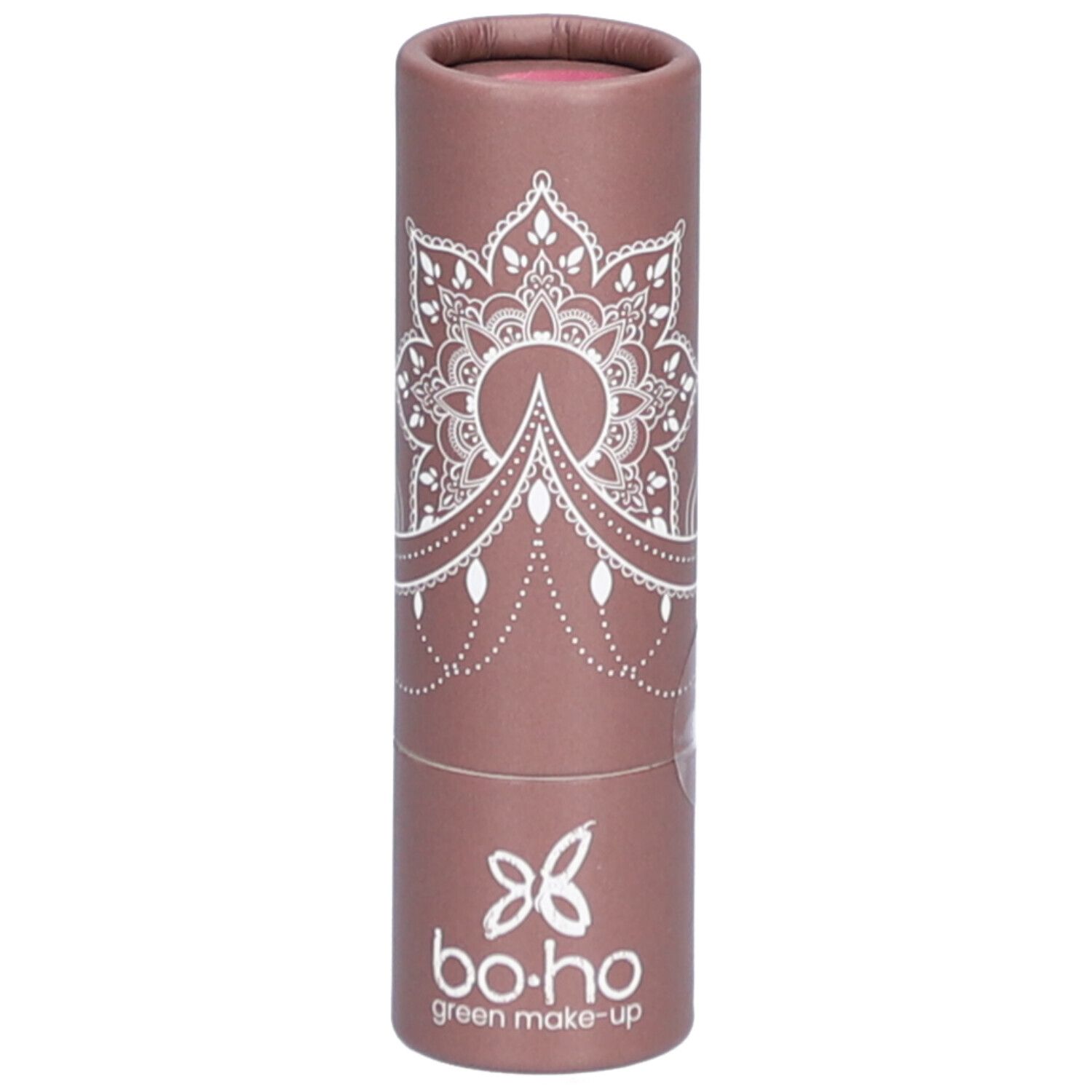 Lipstick in cilindrische verpakking. Mandala-patroon en logo. Kleur roze.