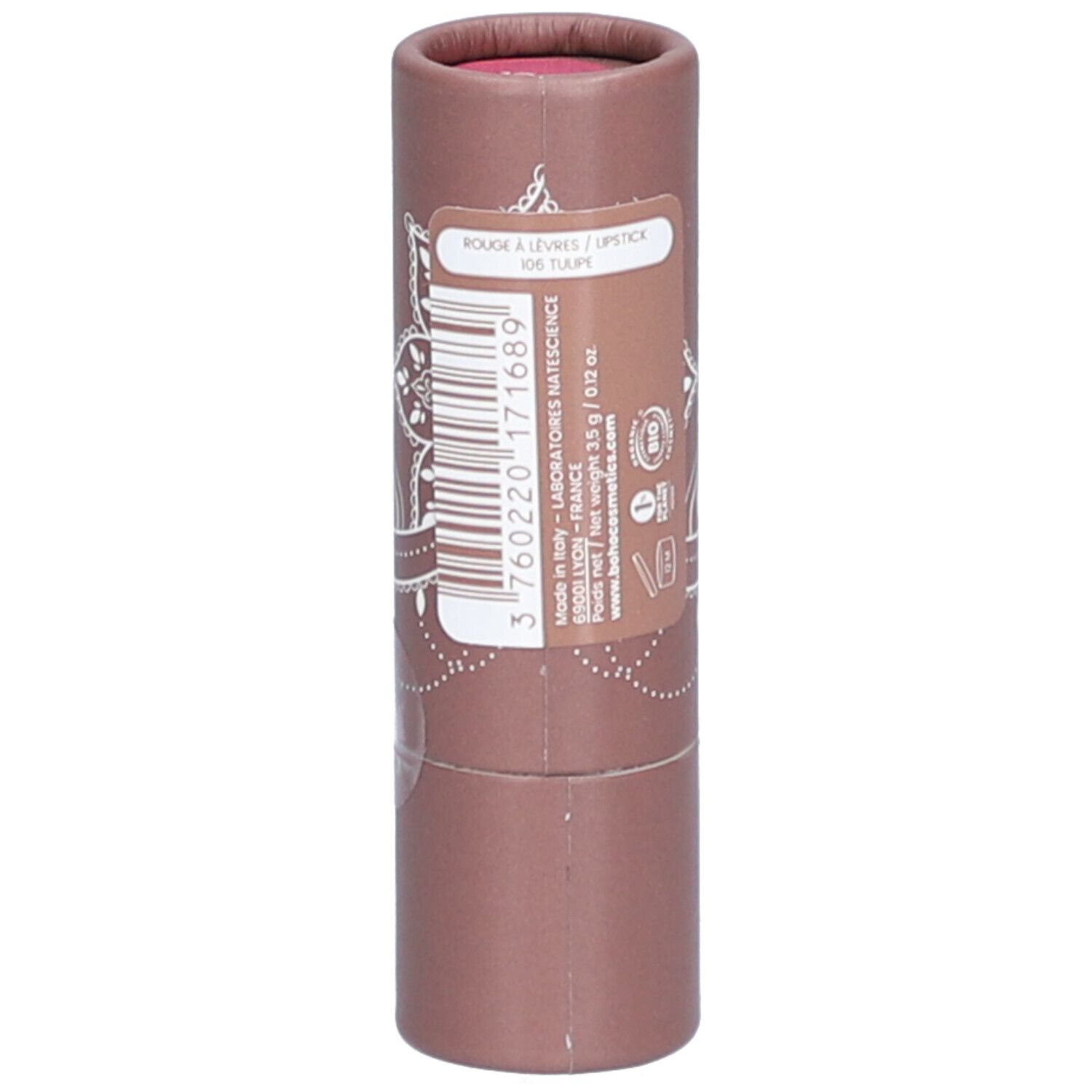 Cilindrische lipstickverpakking met etiket. Tekst en barcode. Kleur roze.