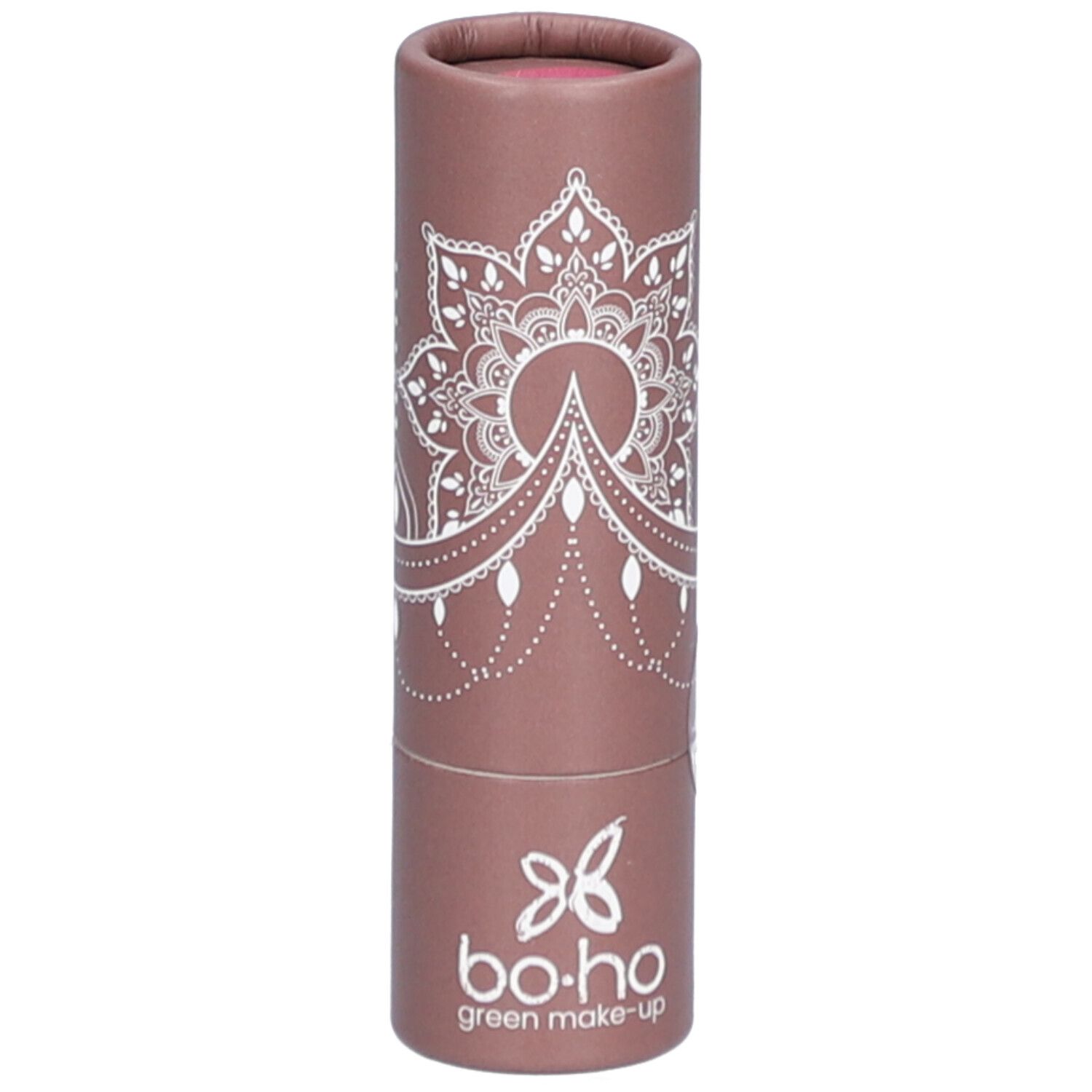 Lipstick in cilindrische verpakking. Mandala-patroon en logo. Kleur roze.