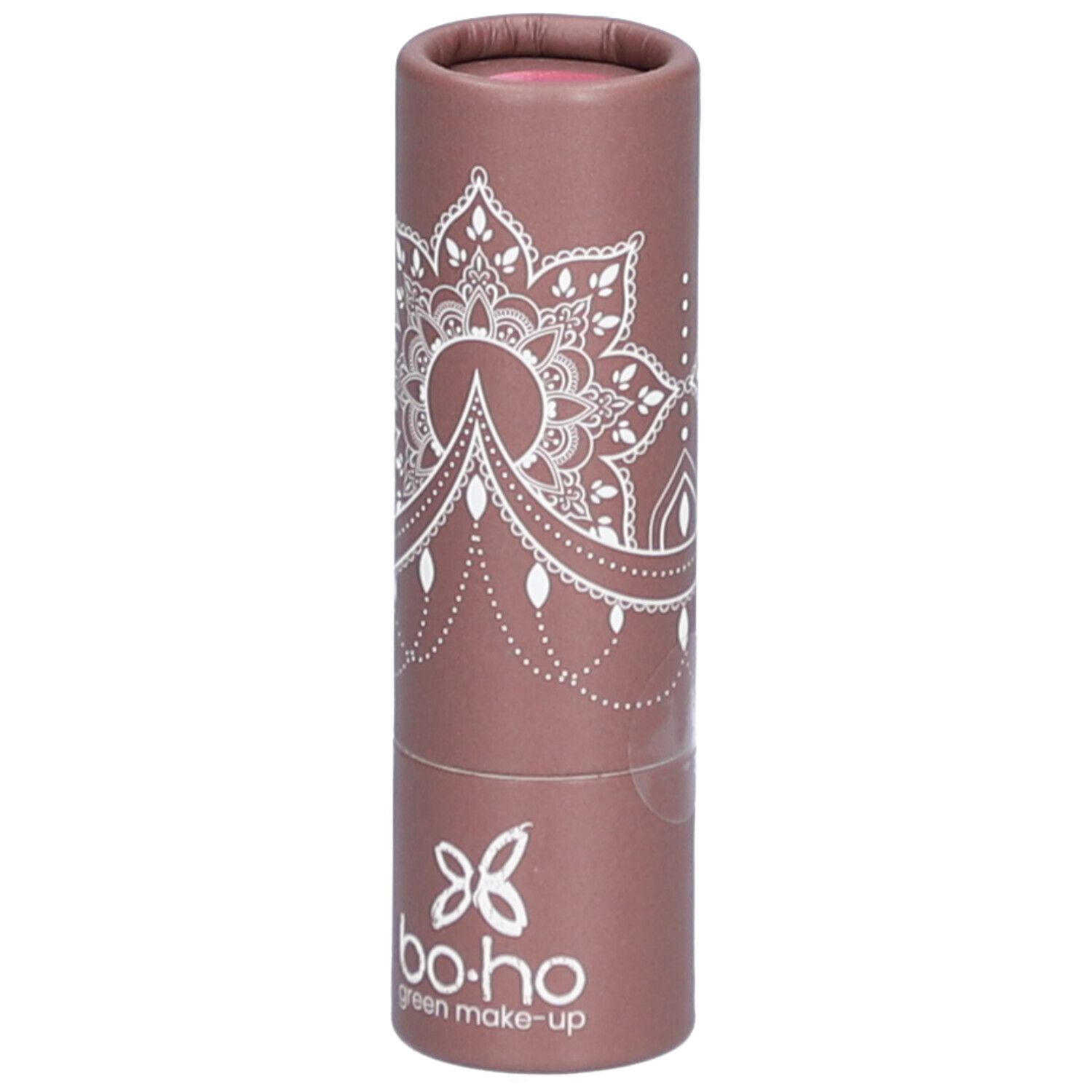 Lipstick in cilindrische verpakking. Mandala-patroon en logo. Kleur roze.