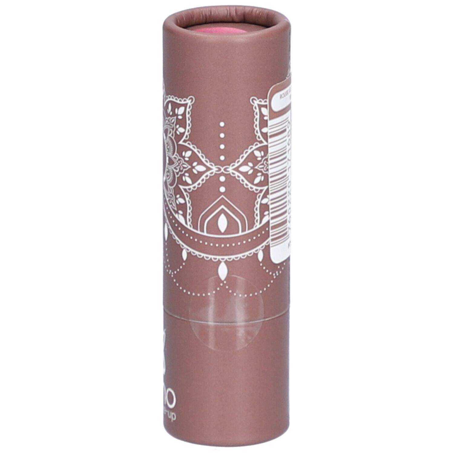 Cilindrische lipstickverpakking met opdruk. Logo en tekst. Kleur roze.