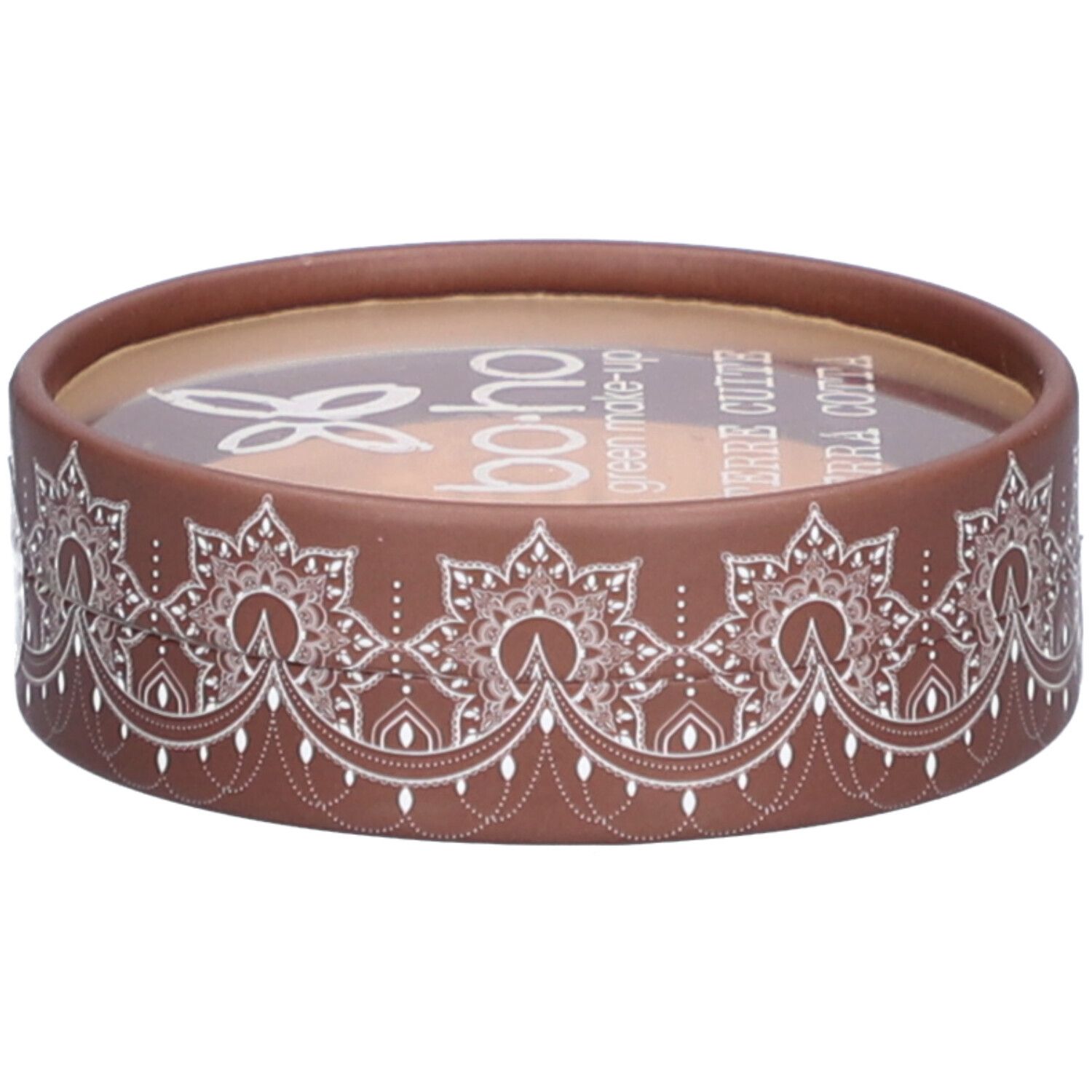 Emballage cosmétique rond. Étui marron avec motif blanc. Couvercle transparent. Inscription : BOHO Terre Cuite.