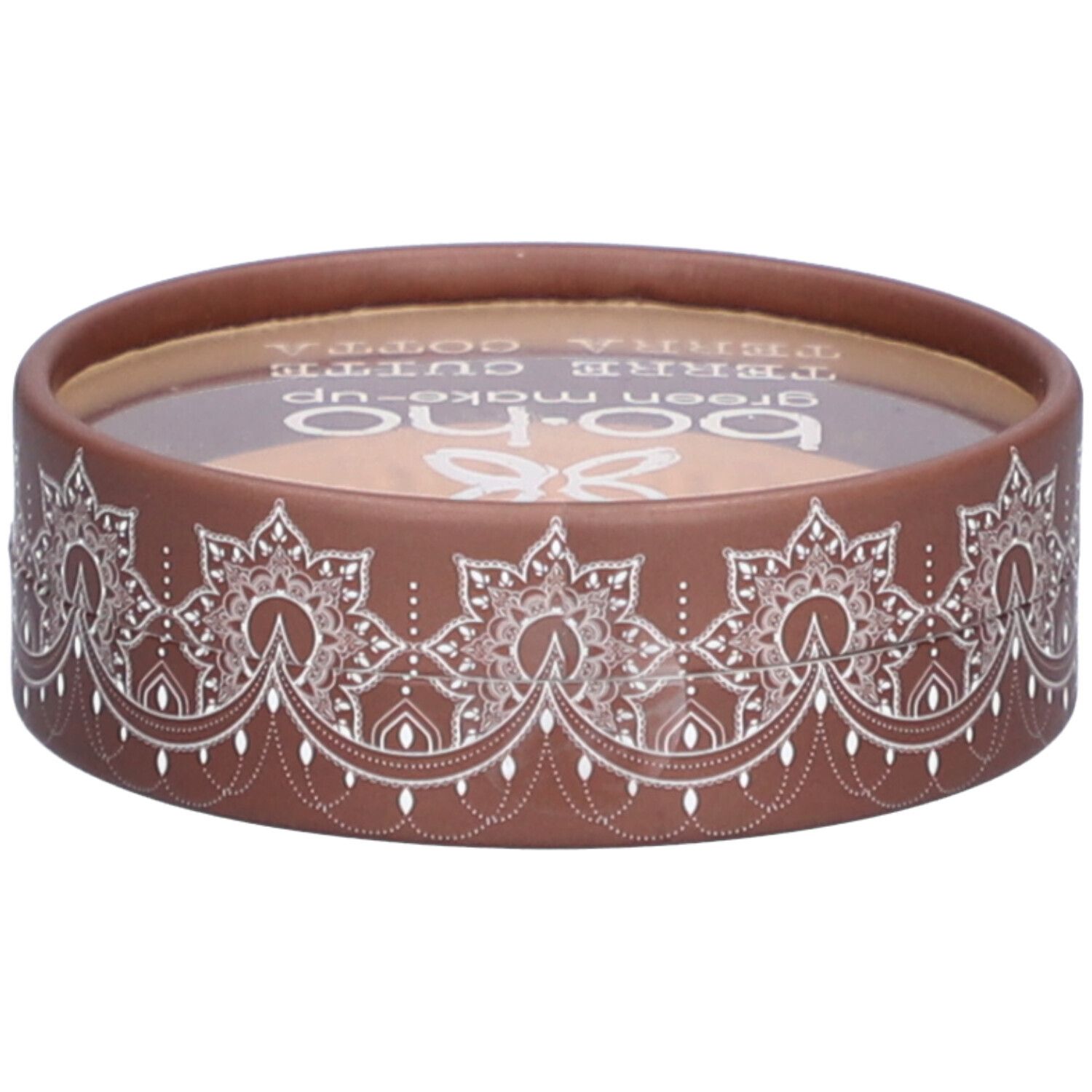 Emballage cosmétique rond. Étui marron avec motif blanc. Couvercle transparent. Inscription : BOHO Terre Cuite.