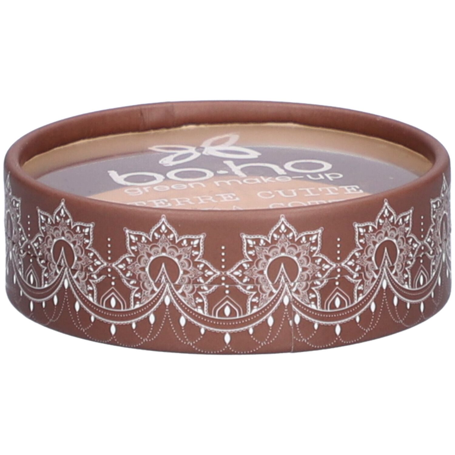 Emballage cosmétique rond. Étui marron avec motif blanc. Couvercle transparent. Inscription : BOHO Terre Cuite.