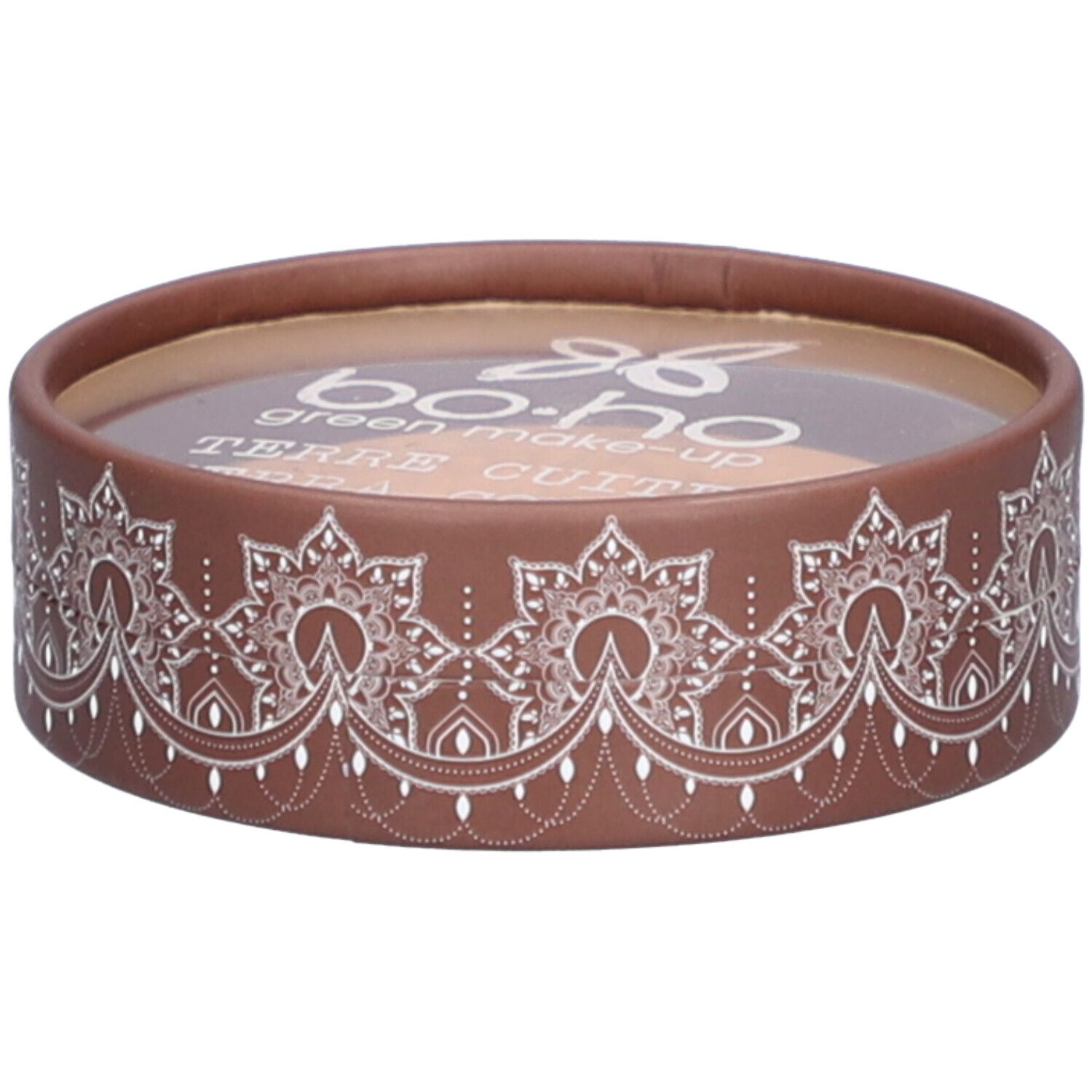Emballage cosmétique rond. Étui marron avec motif blanc. Couvercle transparent. Inscription : BOHO Terre Cuite.