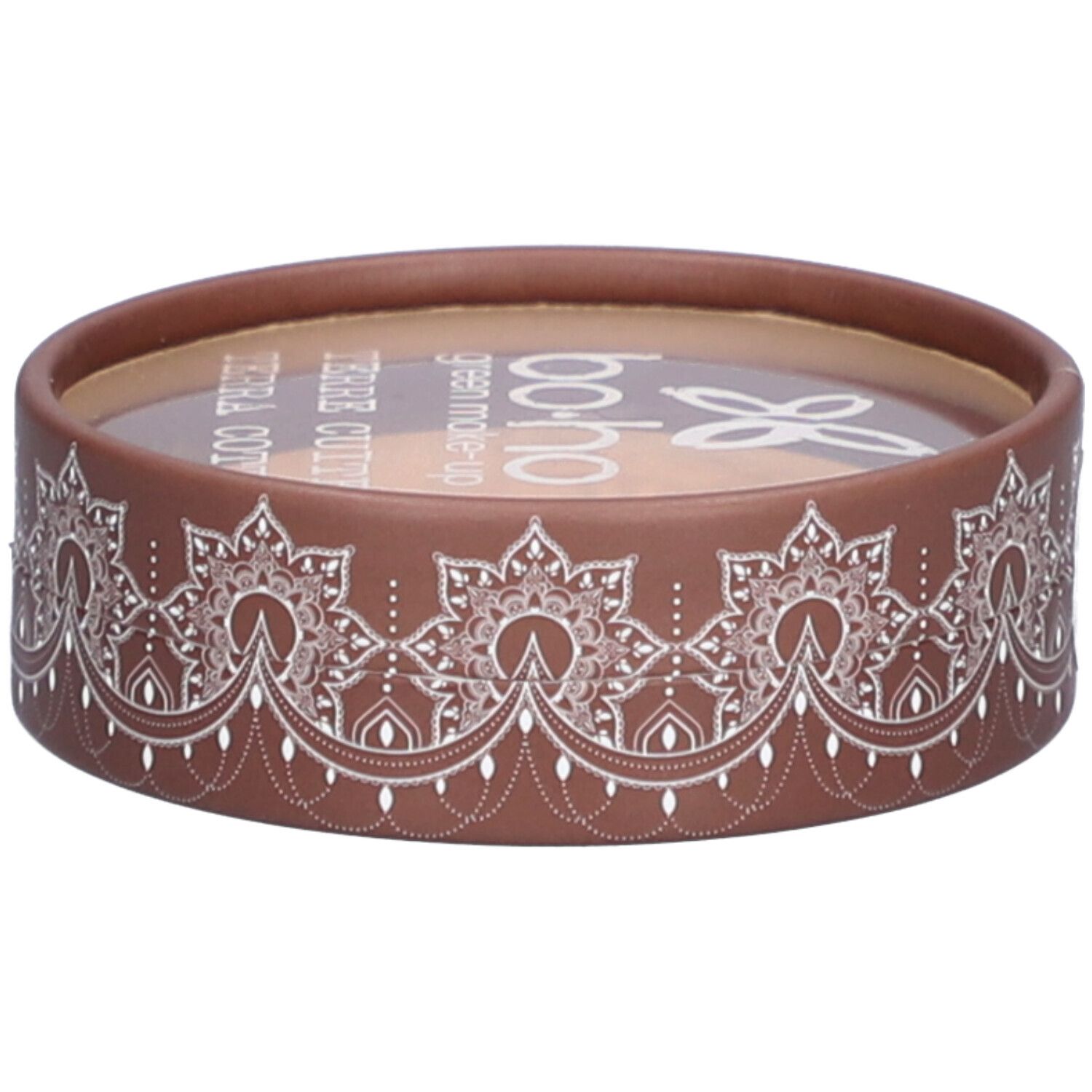 Emballage cosmétique rond. Étui marron avec motif blanc. Couvercle transparent. Inscription : BOHO Terre Cuite.