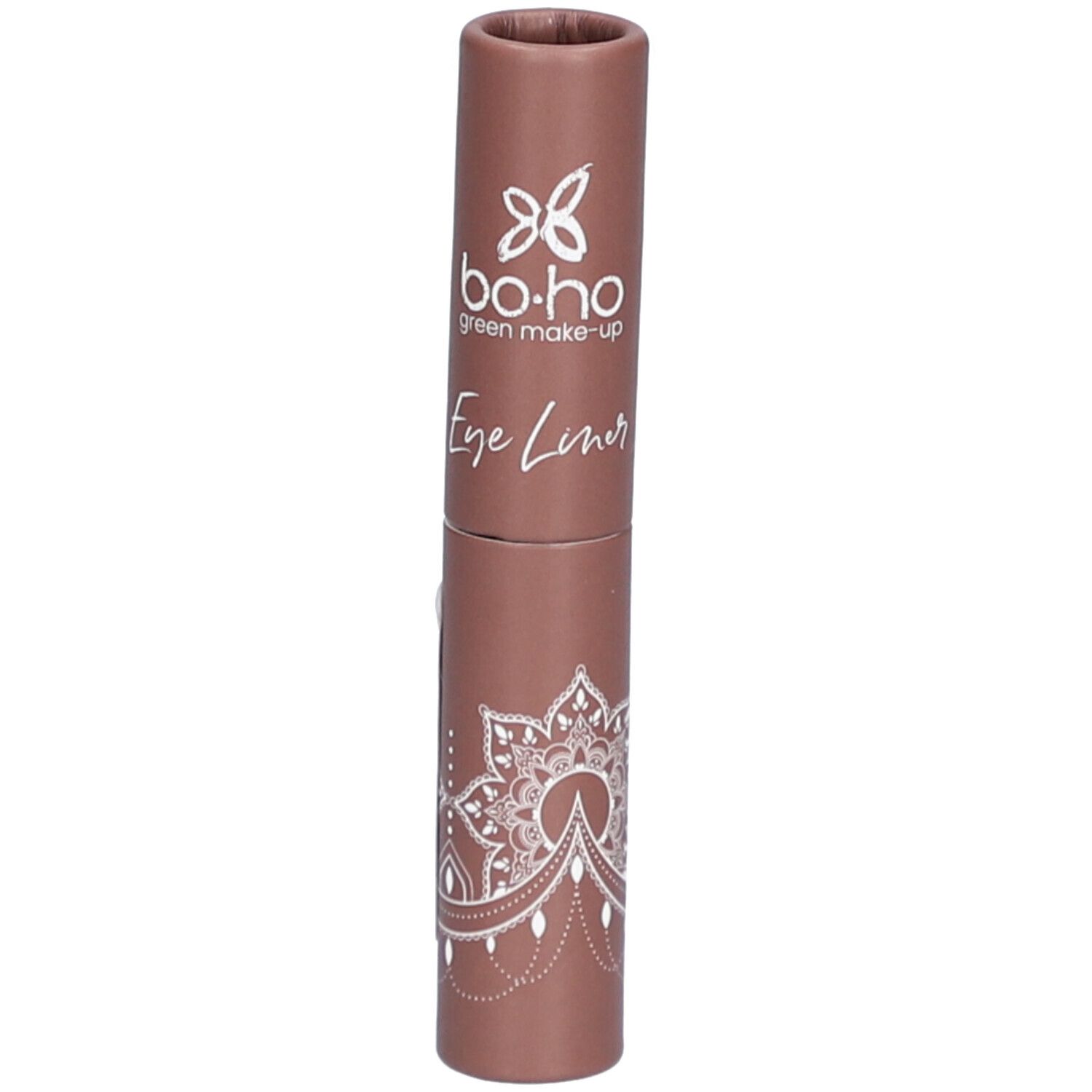 Emballage marron BOHO Eye Liner. Inscription: Eye Liner, BOHO green make-up. Motif mandala.