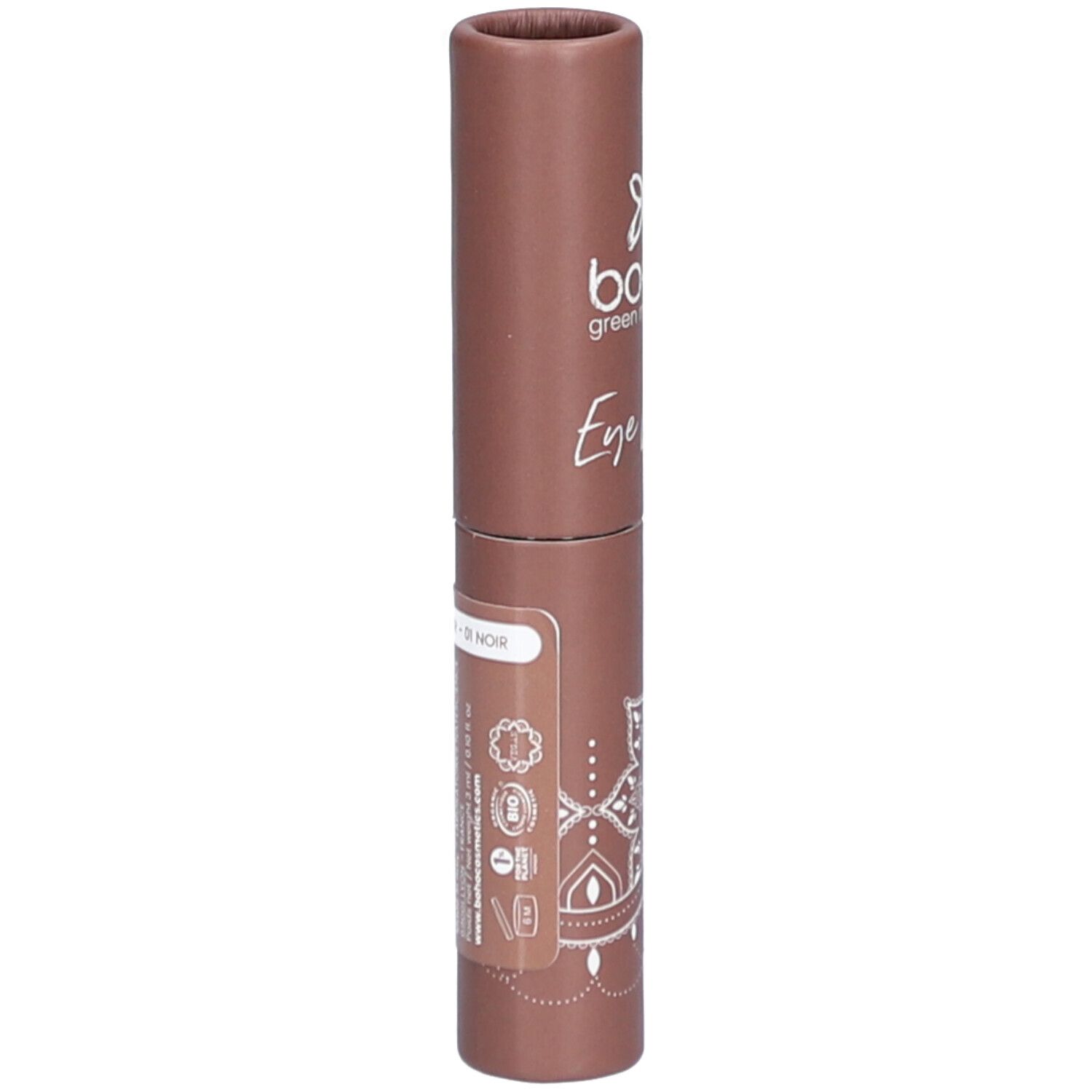 Emballage marron BOHO Eye Liner. Inscription: Eye Liner, BOHO green make-up. Texte et logos. Motif mandala.