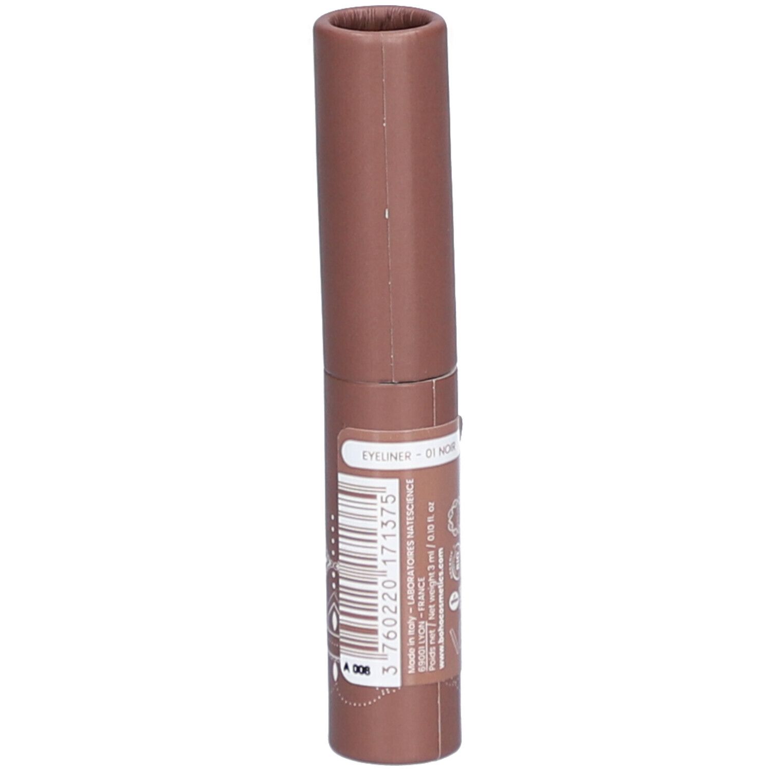 Emballage marron BOHO Eye Liner. Inscription: Eye Liner 01 Noir. Code-barres et texte. Logos et certifications.