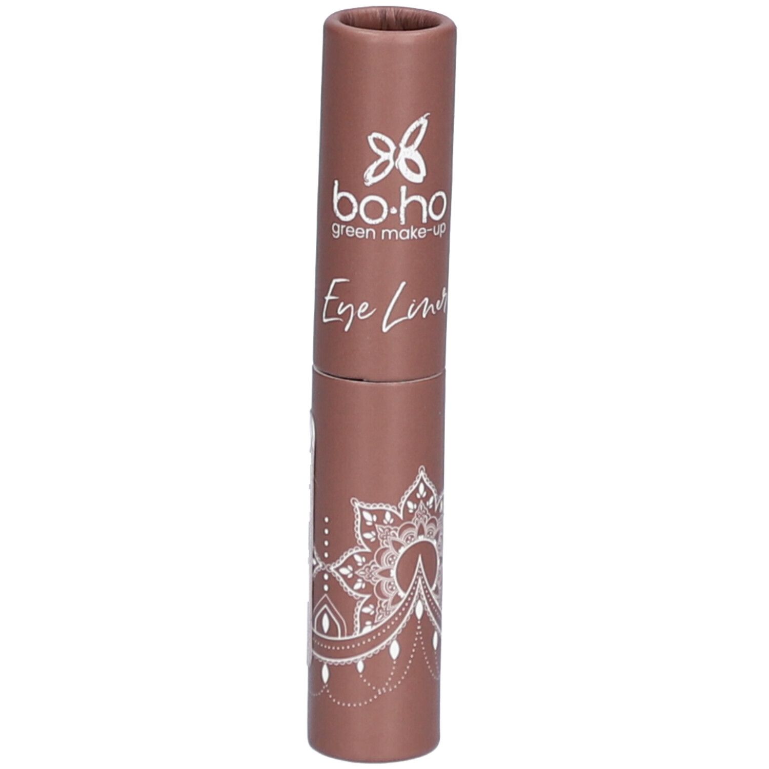 Emballage marron BOHO Eye Liner. Inscription: Eye Liner, BOHO green make-up. Motif mandala.