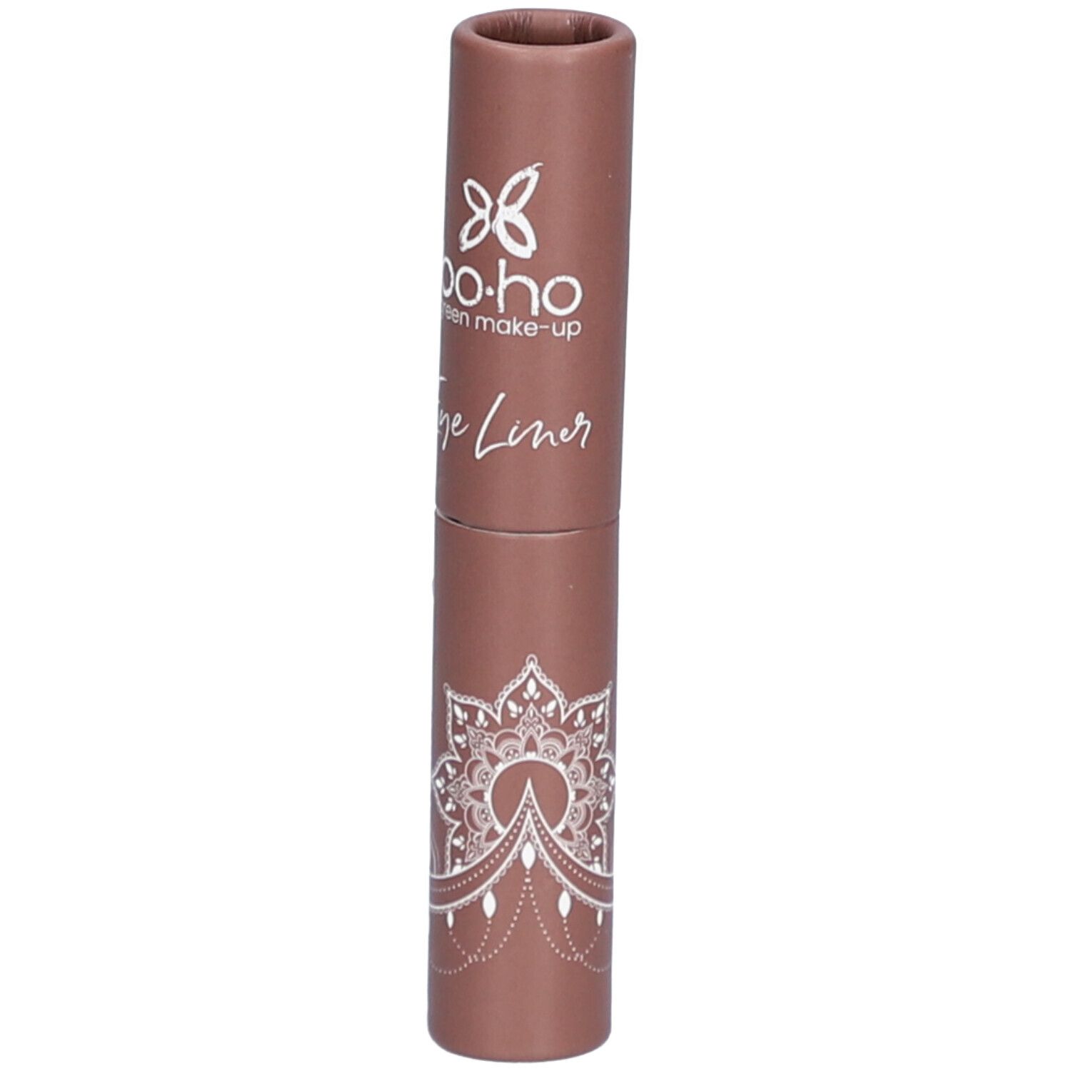 Emballage marron BOHO Eye Liner. Inscription: Eye Liner, BOHO green make-up. Motif mandala.