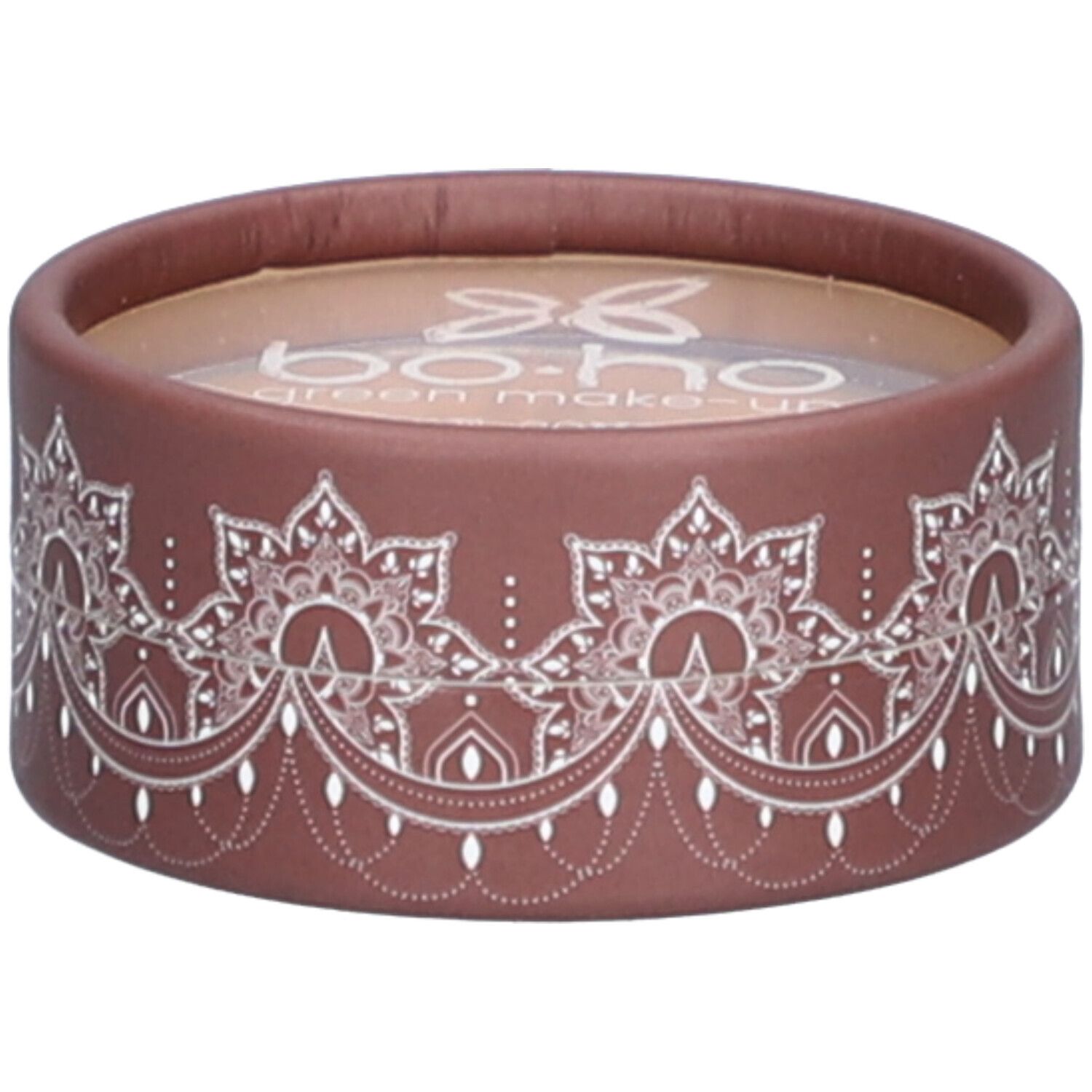 Ronde bruine verpakking met wit patroon en logo. Transparant bovenaan. Productnaam onleesbaar.
