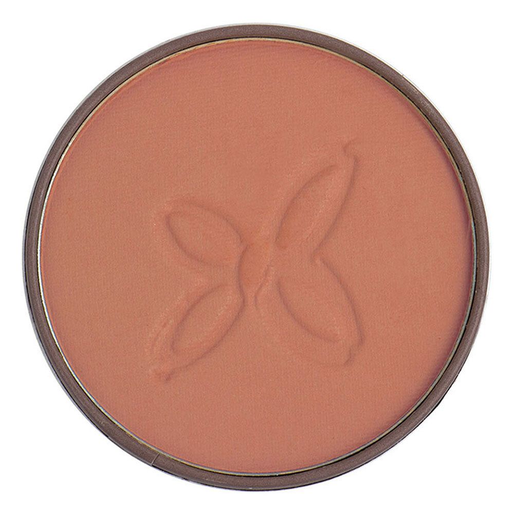 Fard à joues dans un boîtier rond. Teinte rose avec motif en relief. Bord marron.