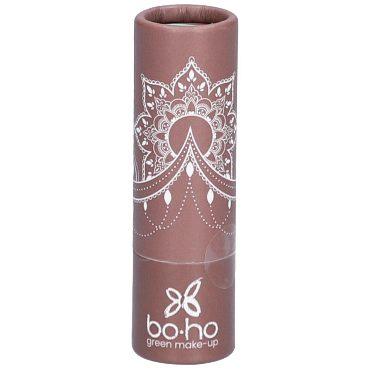 Emballage cylindrique avec motif mandala blanc et logo. Marque : bo-ho green make-up.