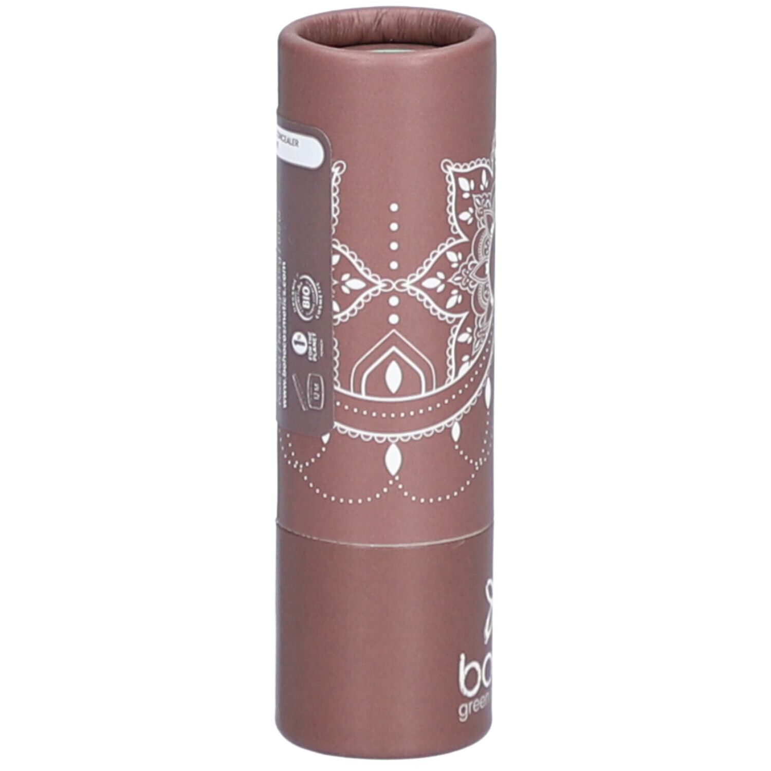 Emballage cylindrique avec motif mandala blanc et logo. Contient des informations et des logos.