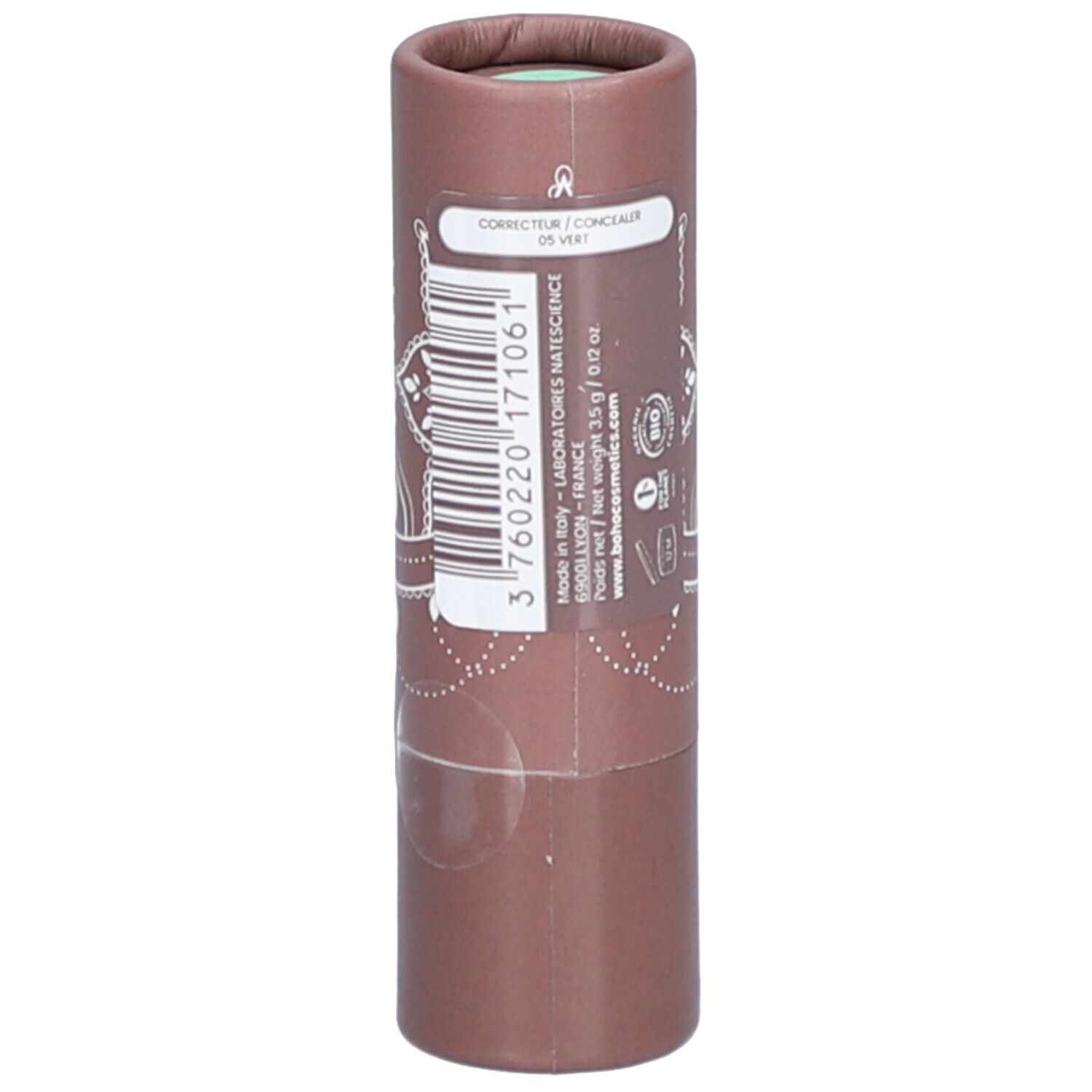Emballage cylindrique avec motif mandala blanc et logo. Produit : Correcteur de Teint 05 Vert.