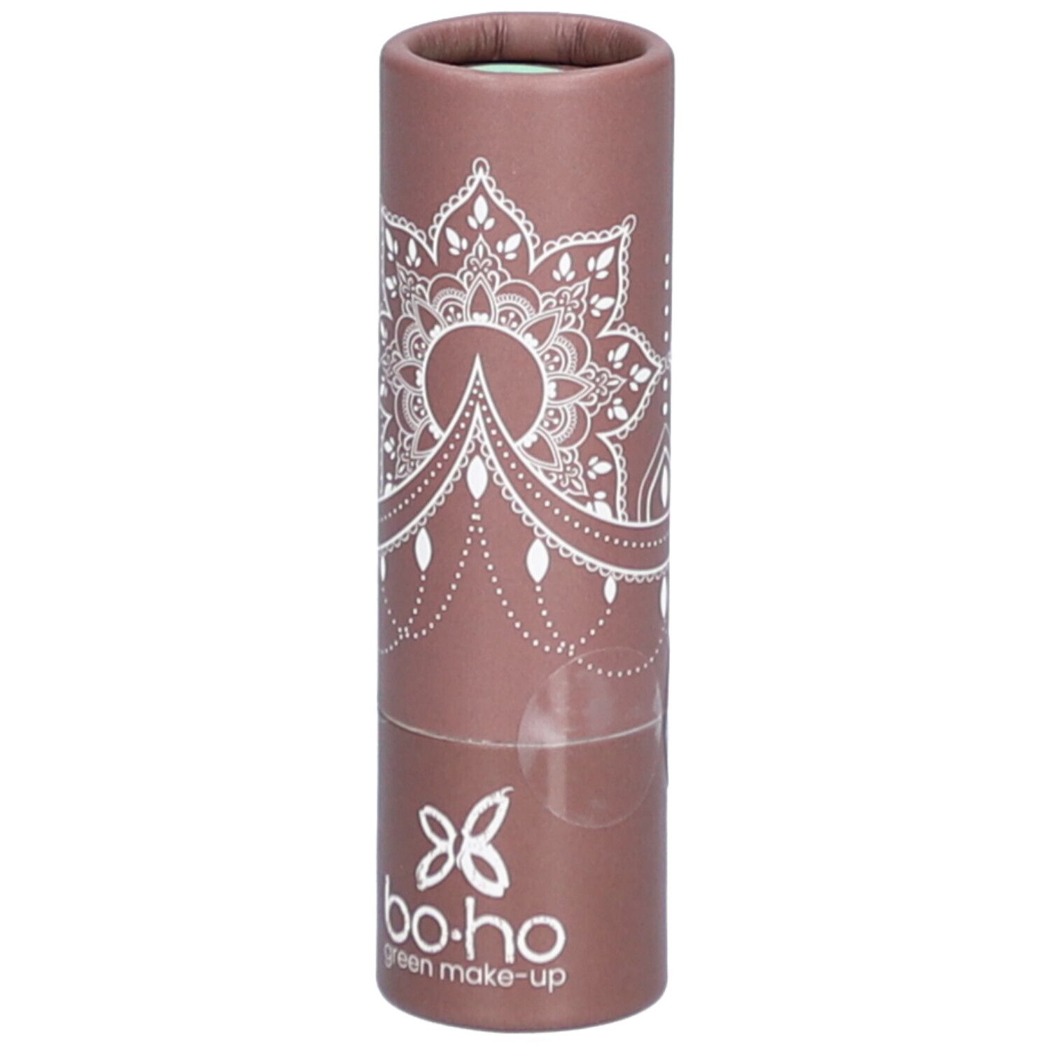 Emballage cylindrique avec motif mandala blanc et logo. Produit visible.