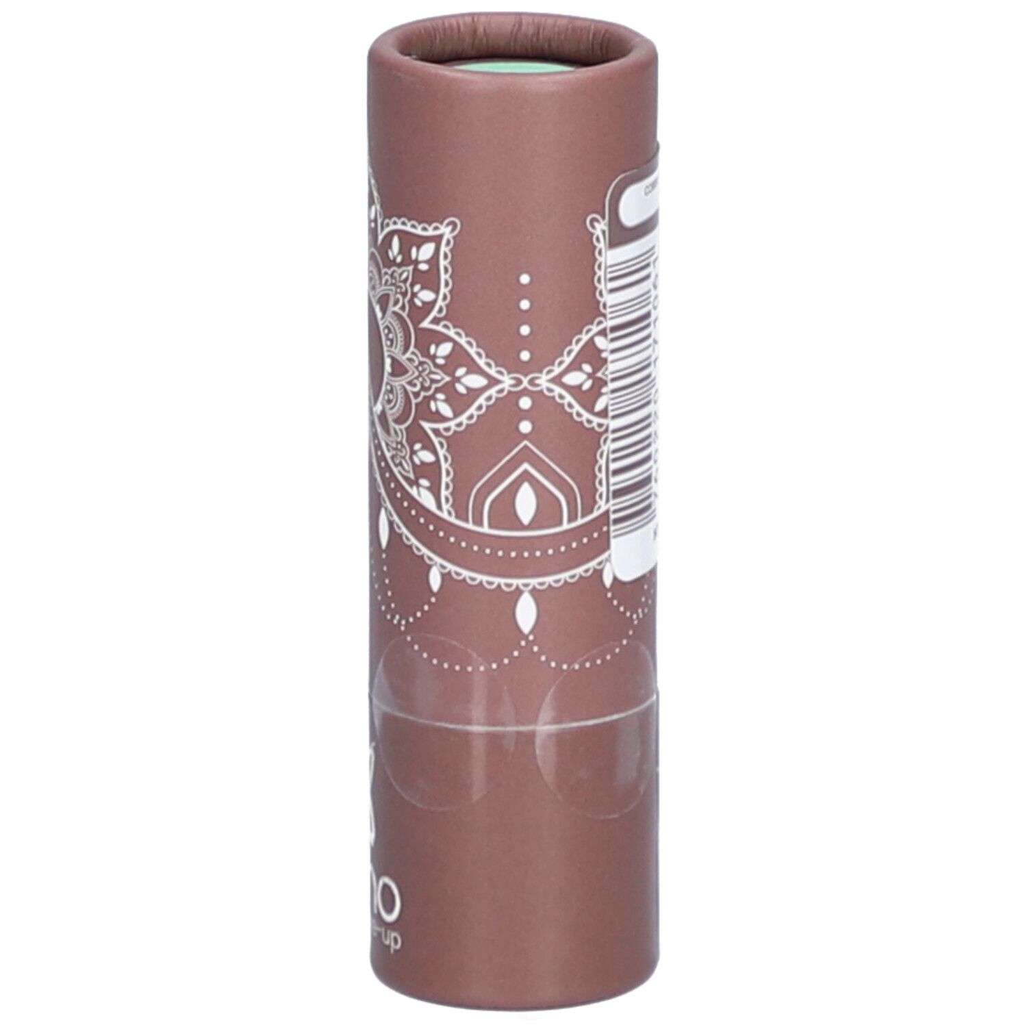 Emballage cylindrique avec motif mandala blanc et logo. Informations produit et code-barres.