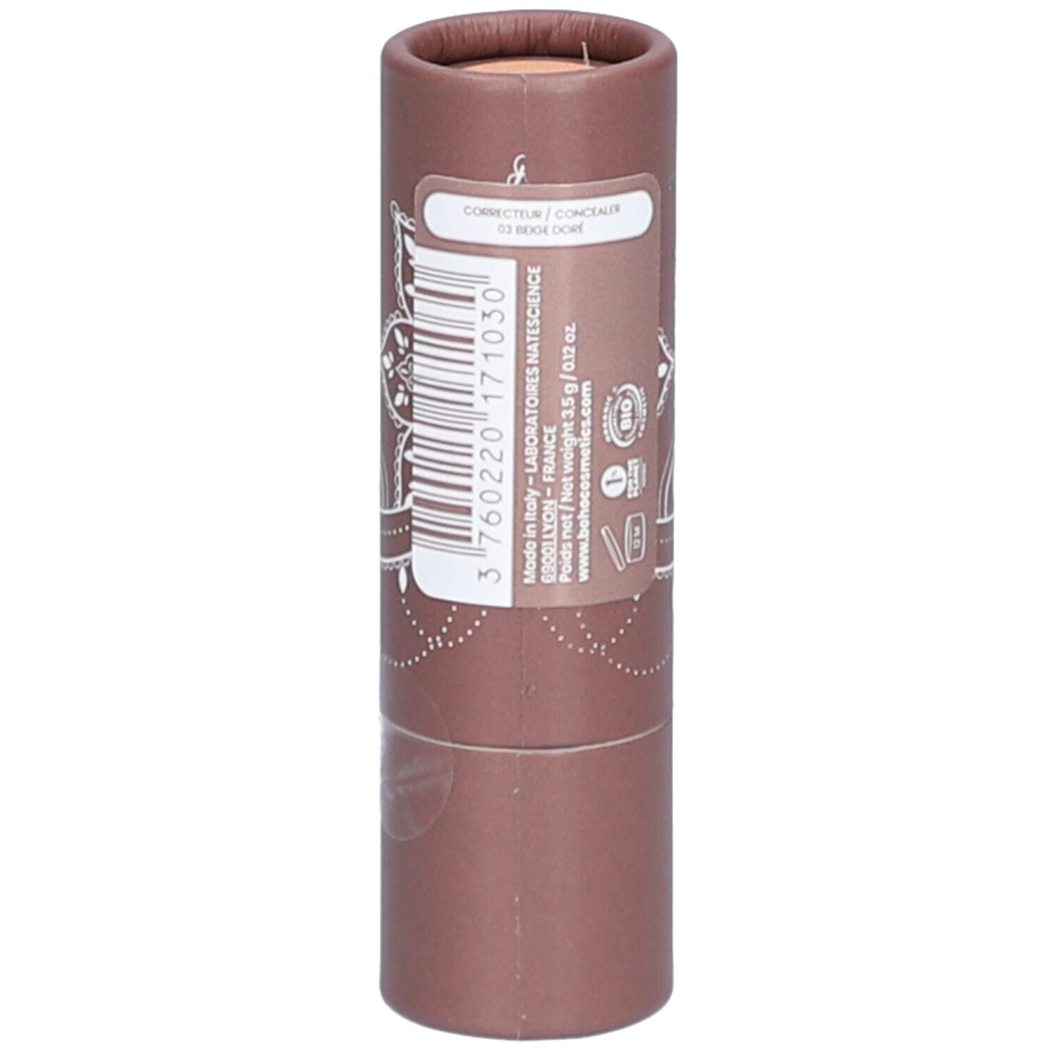 Cilindrische verpakking met barcode en tekst. "Correcteur / Concealer" bovenaan.