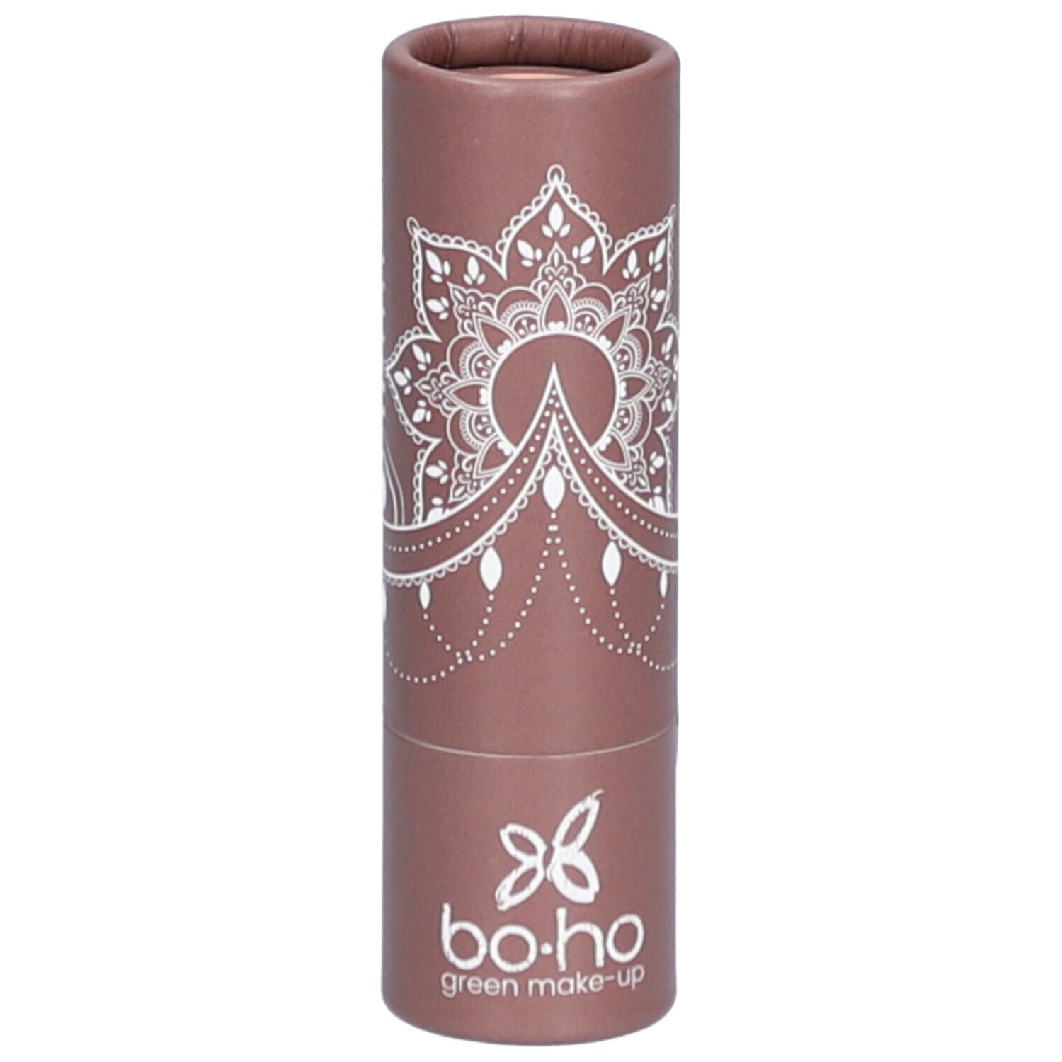 Cilindrische bruine verpakking met wit mandala-patroon. "bo.ho green make-up" logo onderaan.