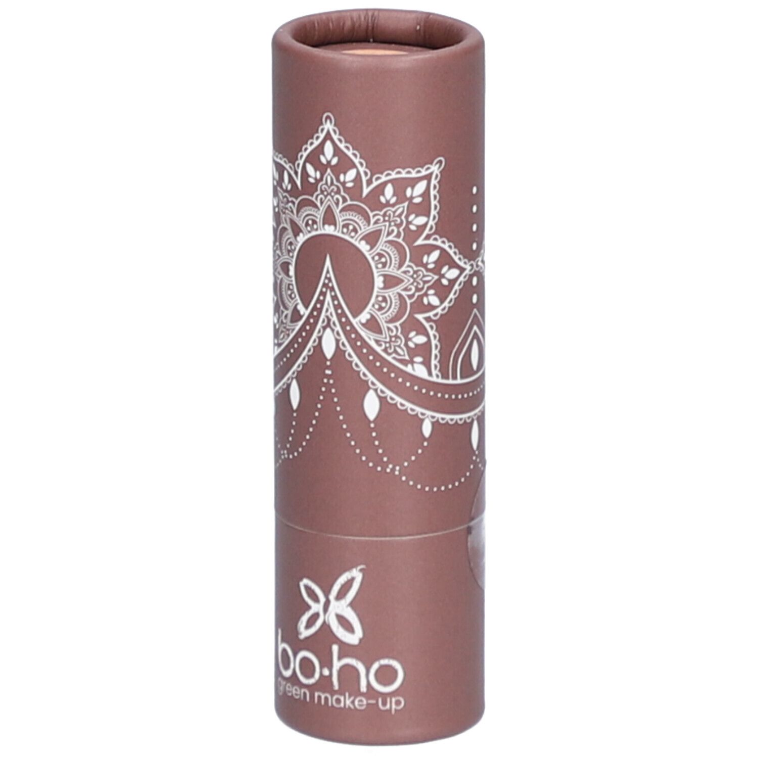 Cilindrische bruine verpakking met wit mandala-patroon. "bo.ho green make-up" logo onderaan.