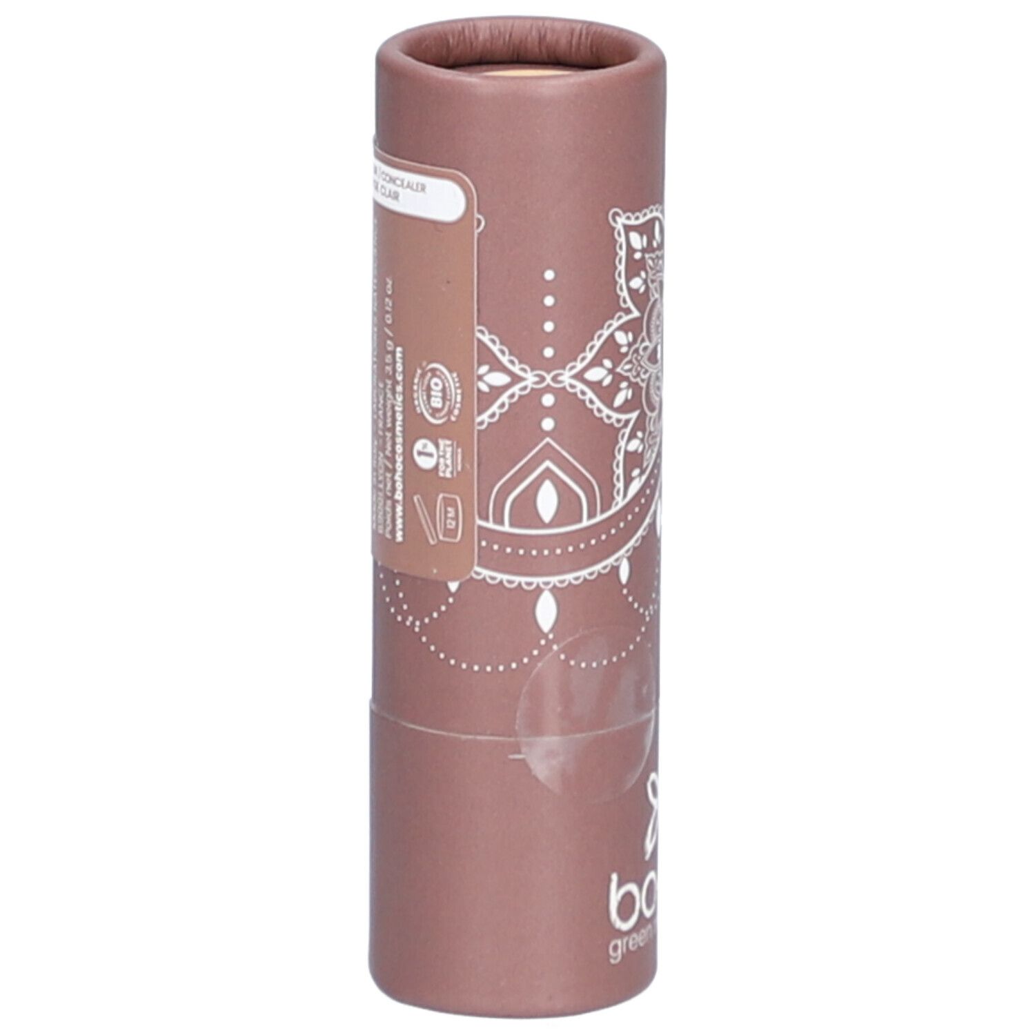 Emballage cylindrique avec motif mandala blanc et logo. Texte sur le côté.