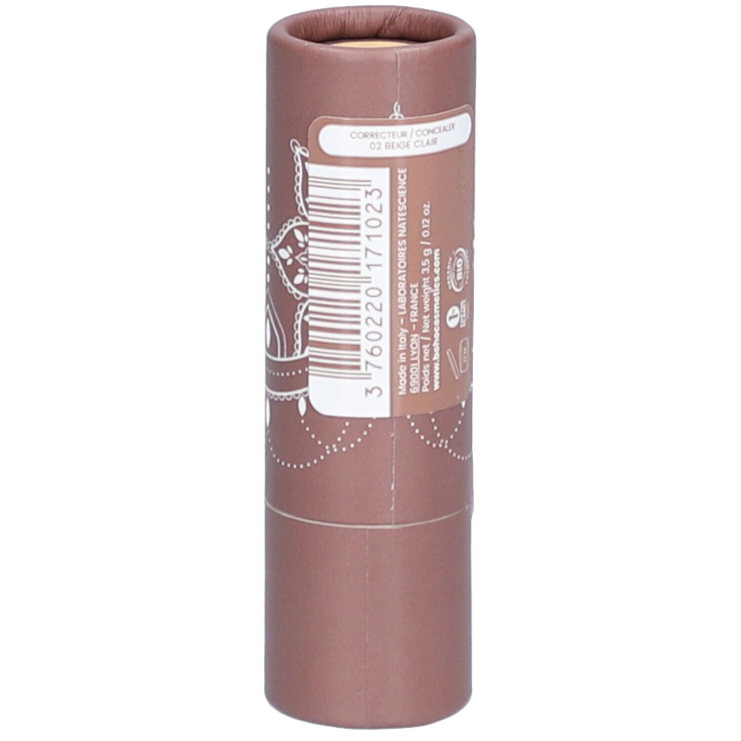 Emballage cylindrique avec informations produit. Inscription: Correcteur 02 Beige Clair.