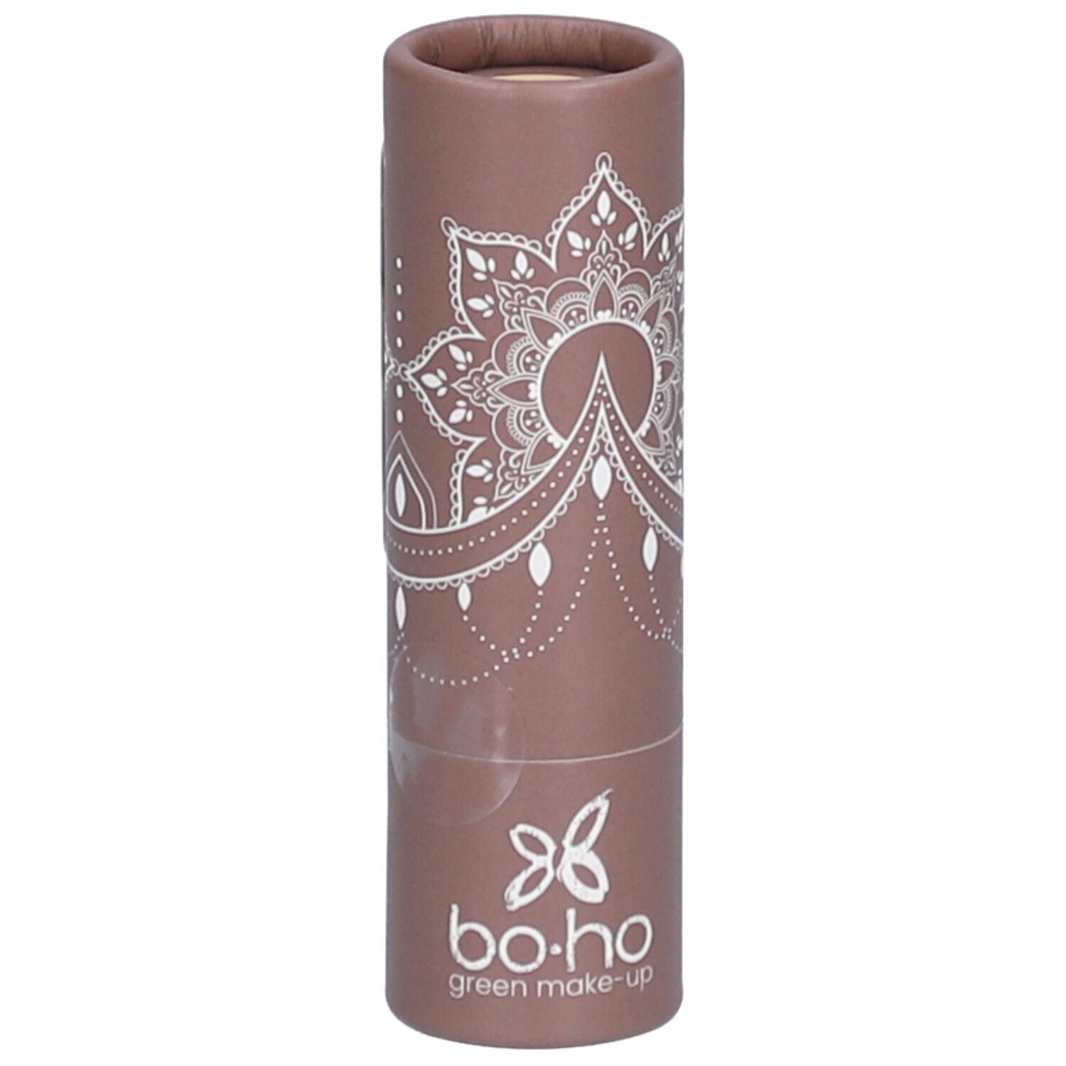Emballage cylindrique avec motif mandala blanc et logo. Nom du produit non visible.