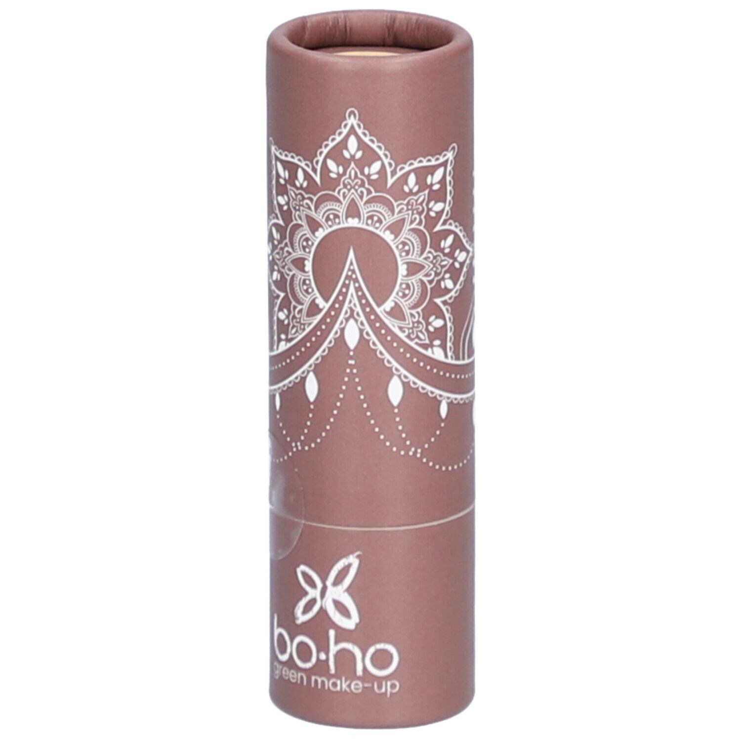 Emballage cylindrique avec motif mandala blanc et logo. Nom du produit non visible.