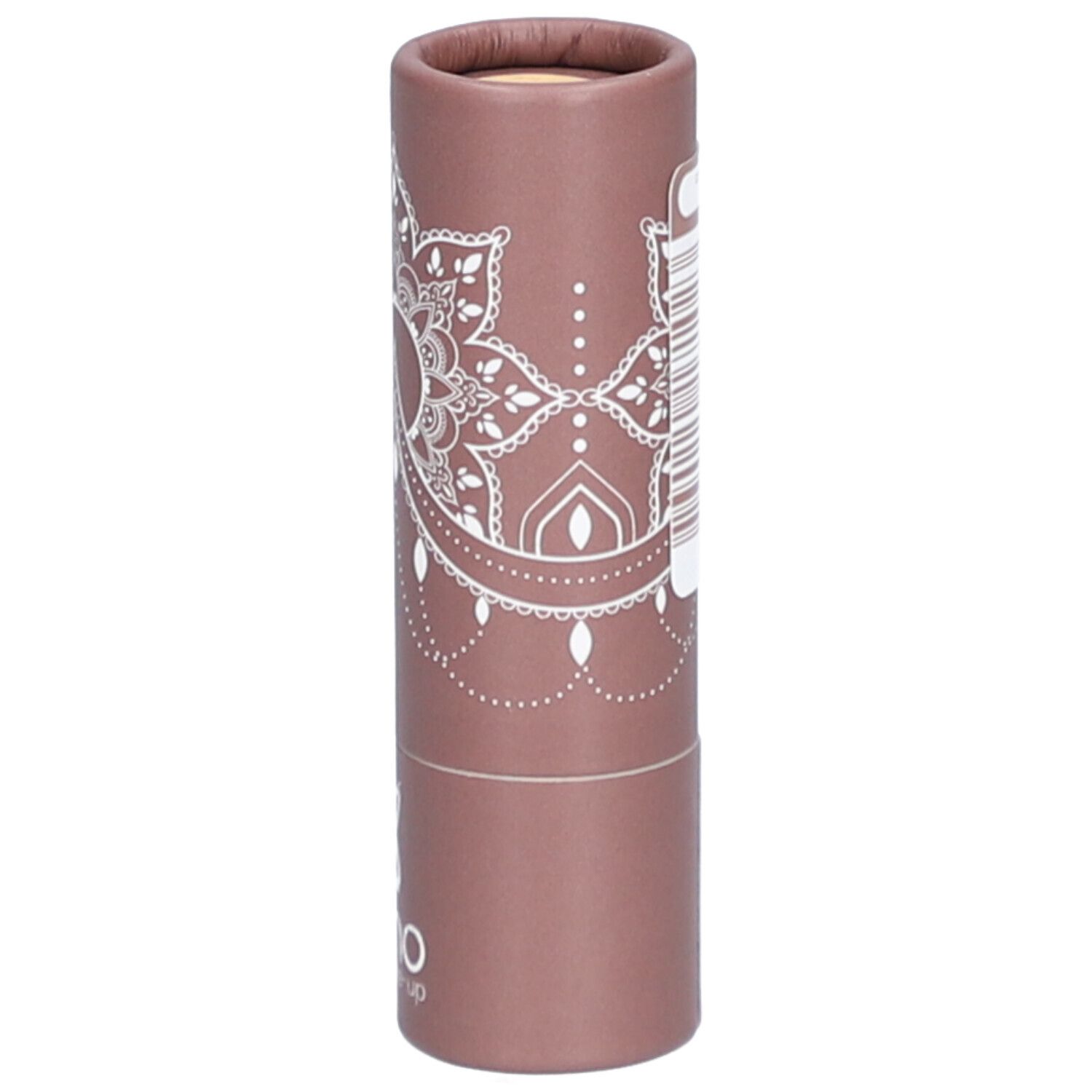 Emballage cylindrique avec motif mandala blanc et logo. Code-barres et texte sur le côté.