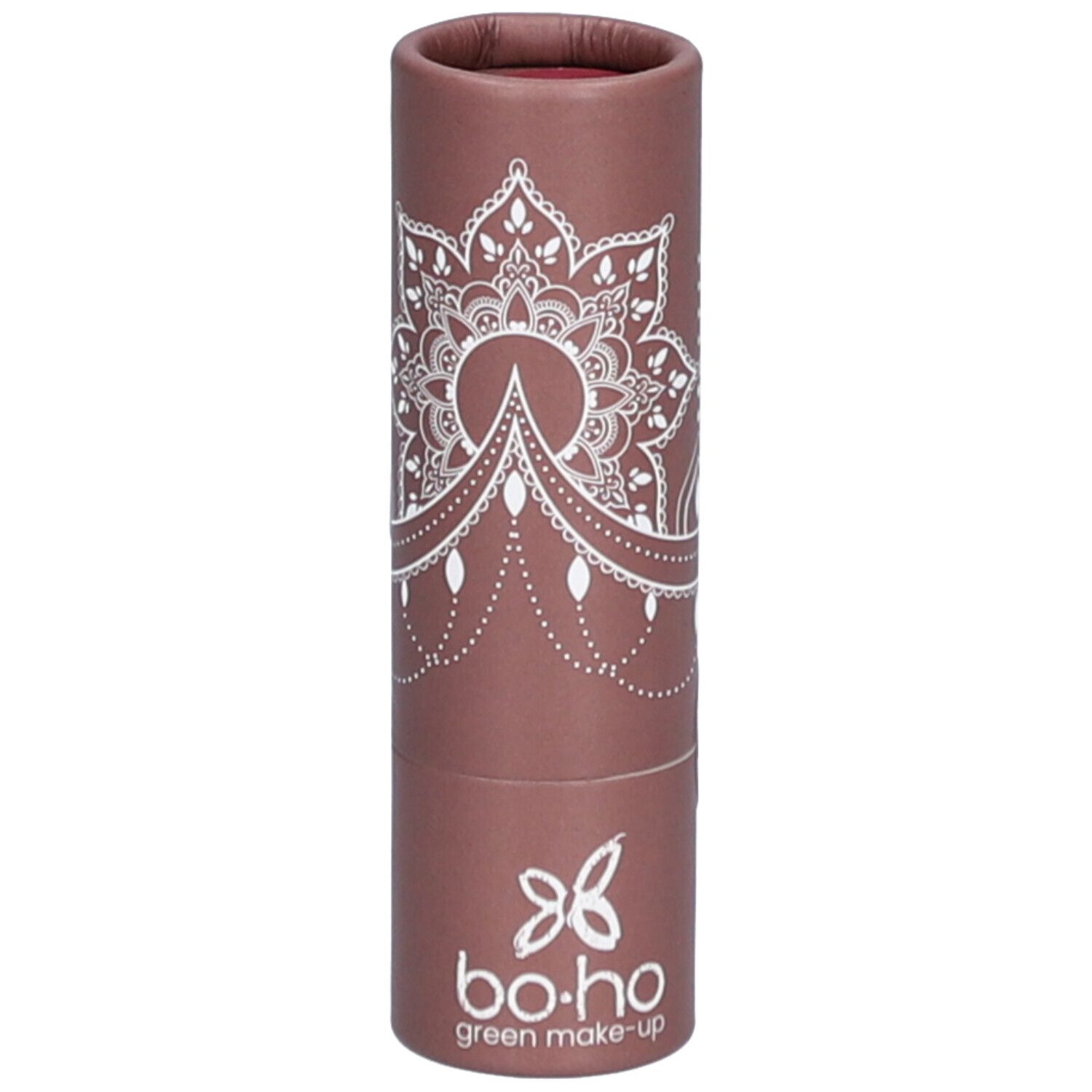Emballage cylindrique marron avec motif mandala blanc et logo bo.ho green make-up.