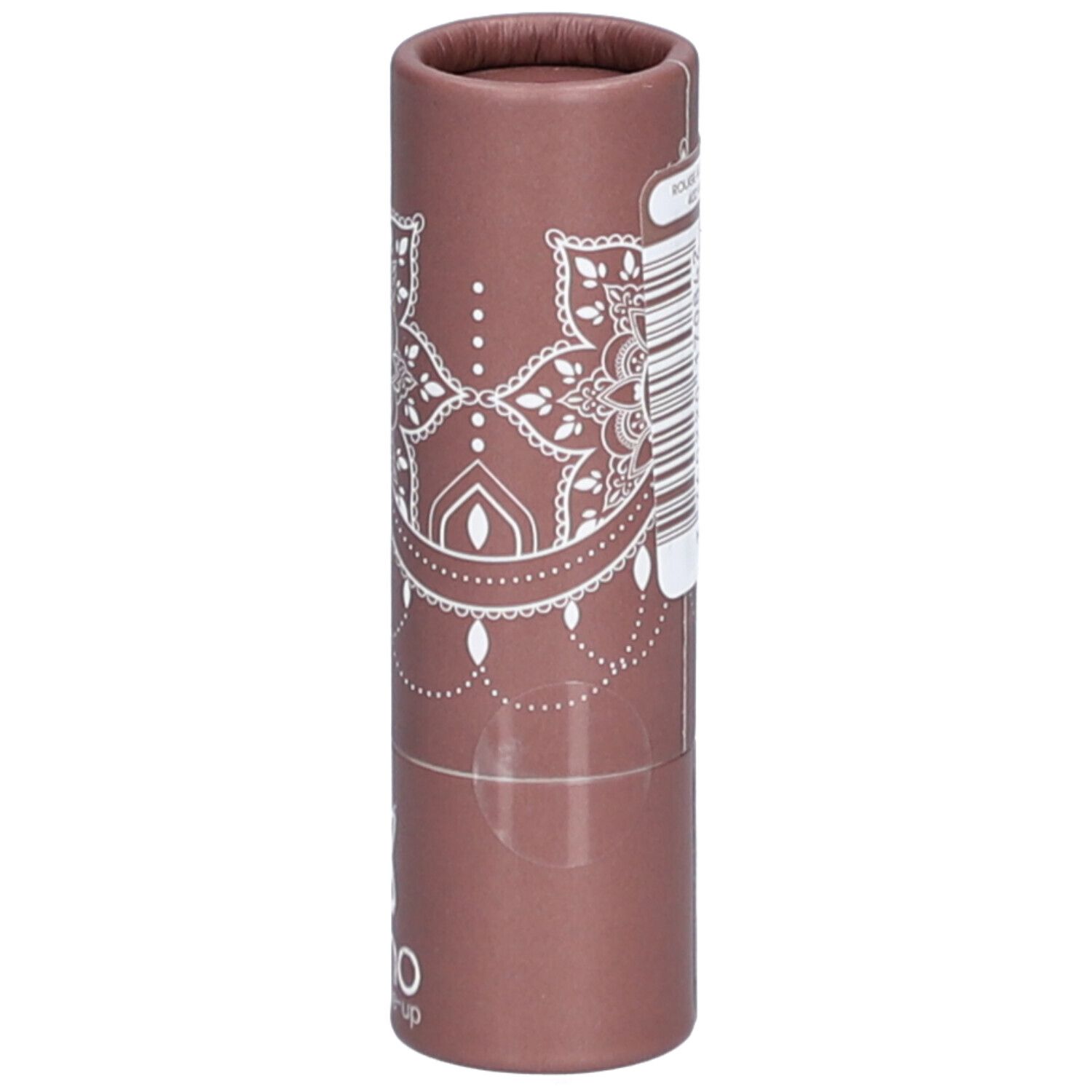 Emballage cylindrique avec motif mandala blanc. Inscription: Rouge à Lèvres/Lipstick 402 Vanille Fraise.