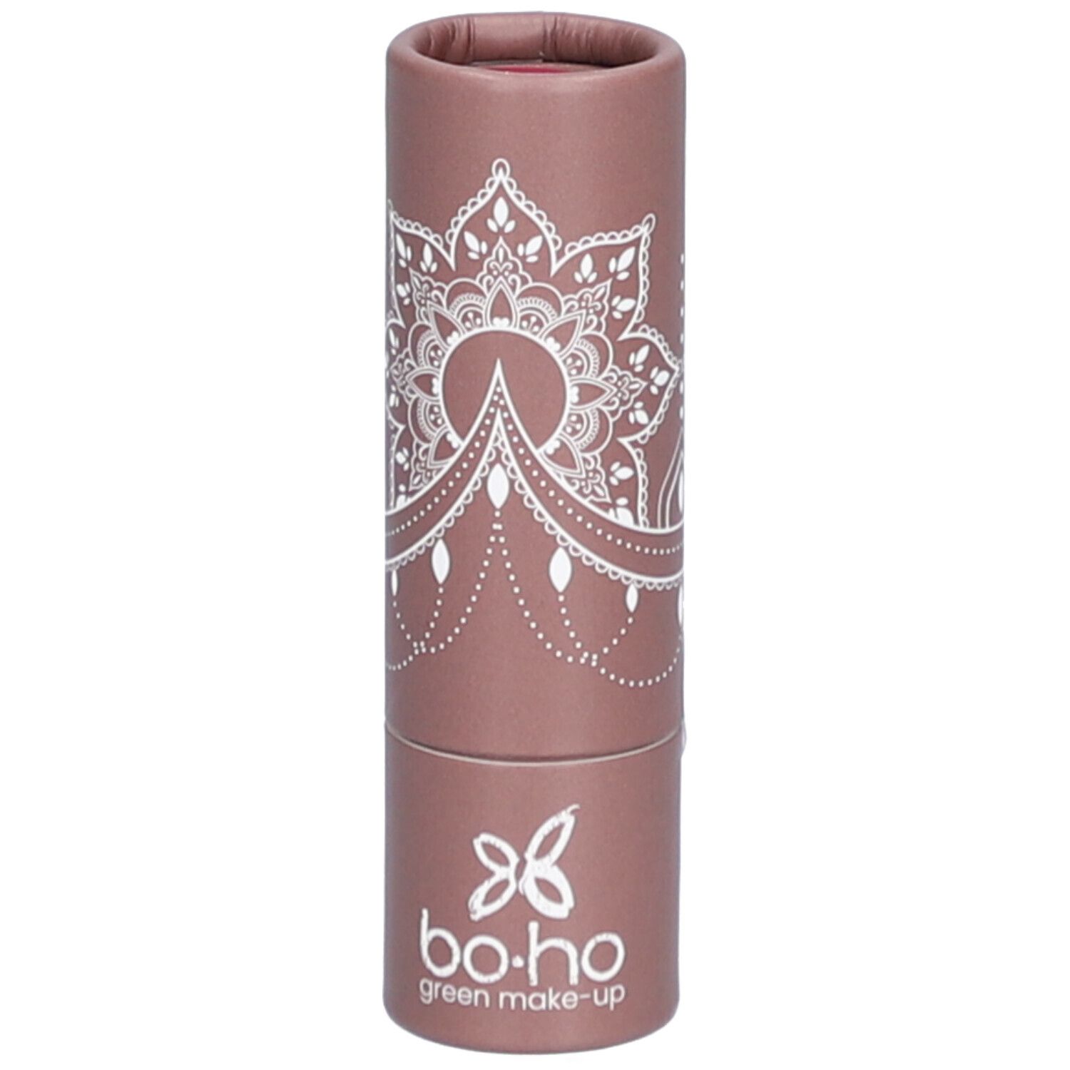 Emballage cylindrique rose-brun avec motif mandala blanc et logo. BOHO green make-up.
