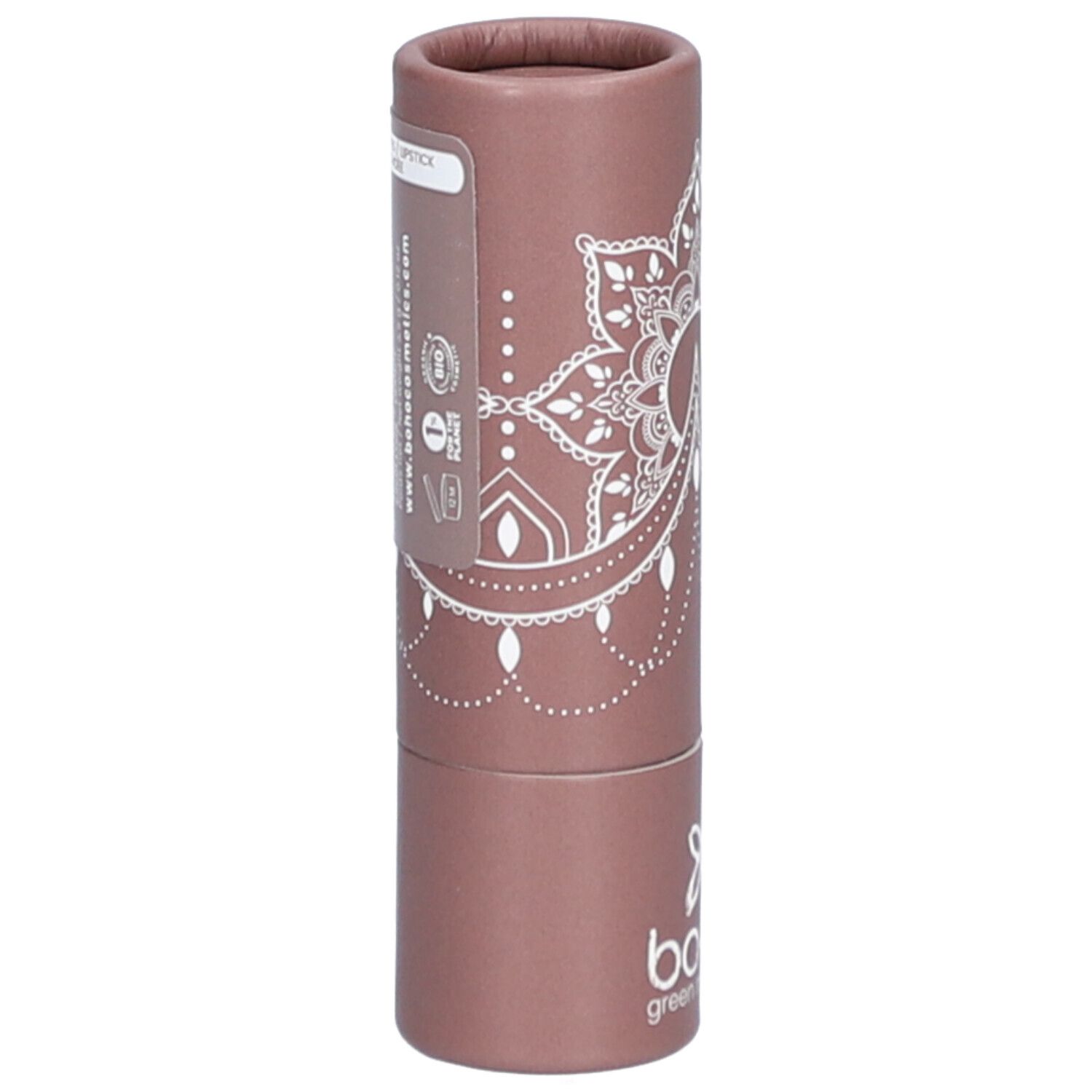 Emballage cylindrique rose-brun, motif mandala blanc, logo. BOHO green make-up. Étiquette avec texte.