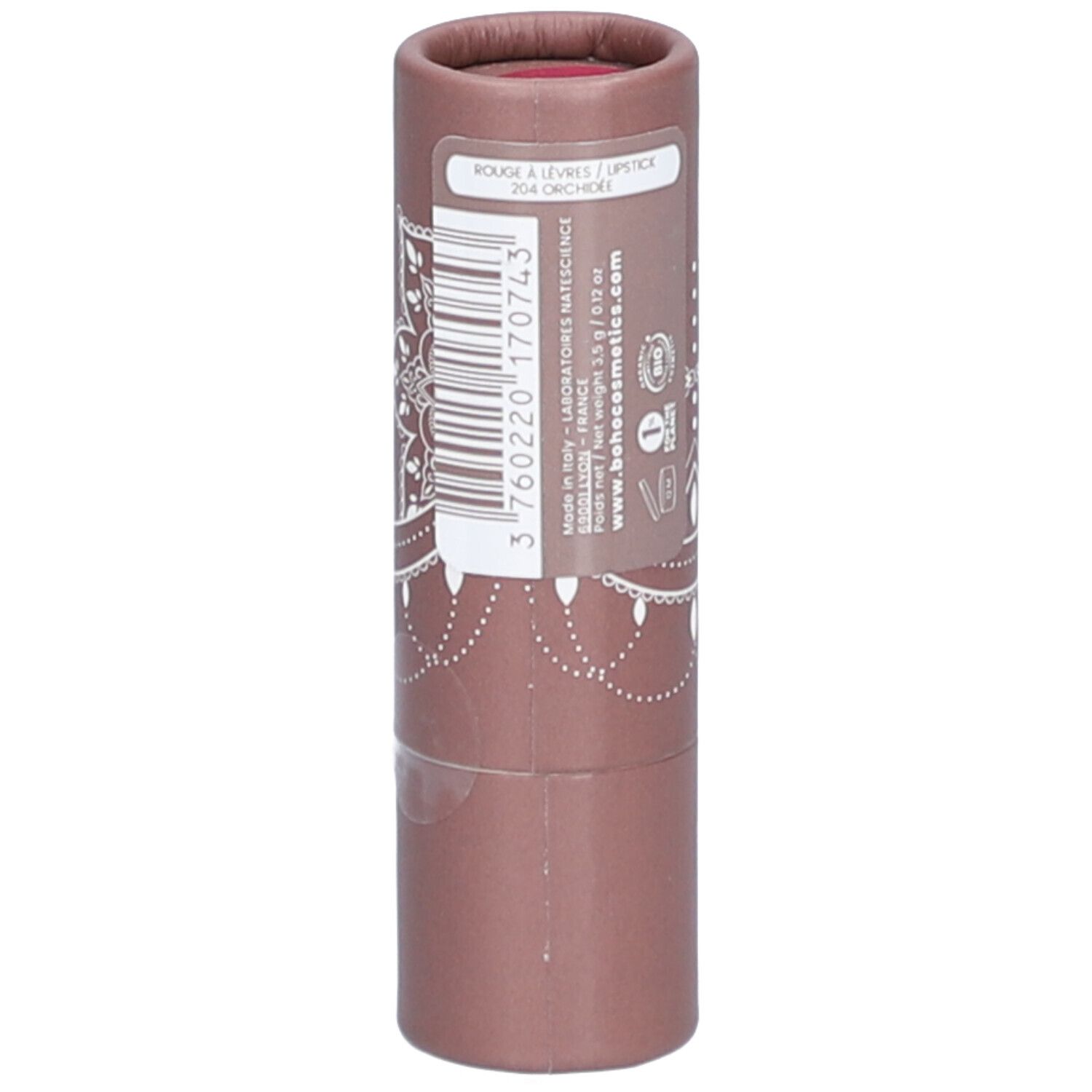 Emballage cylindrique rose-brun, motif mandala blanc, logo. BOHO green make-up. Informations produit.