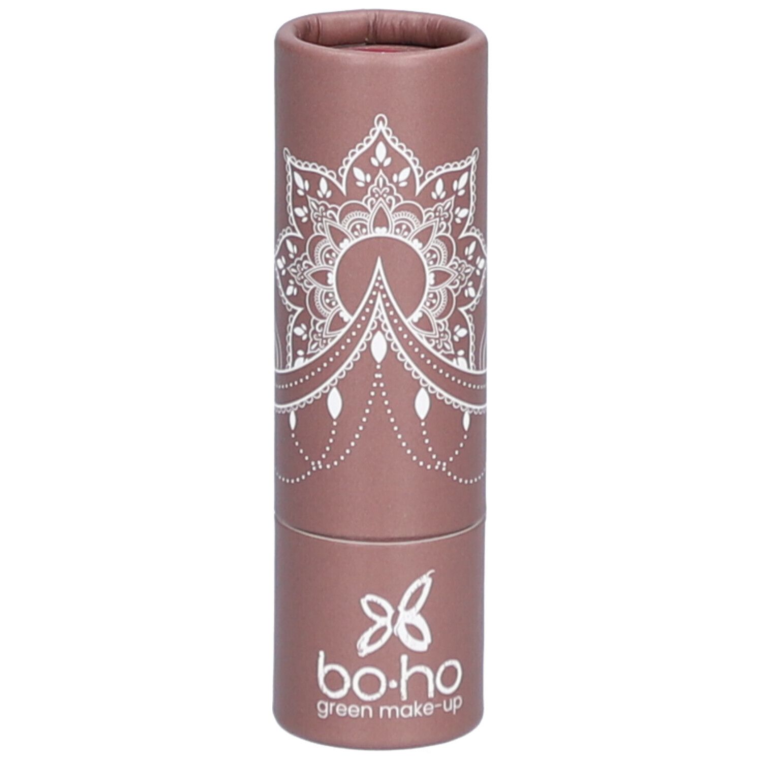 Emballage cylindrique rose-brun avec motif mandala blanc et logo. BOHO green make-up.